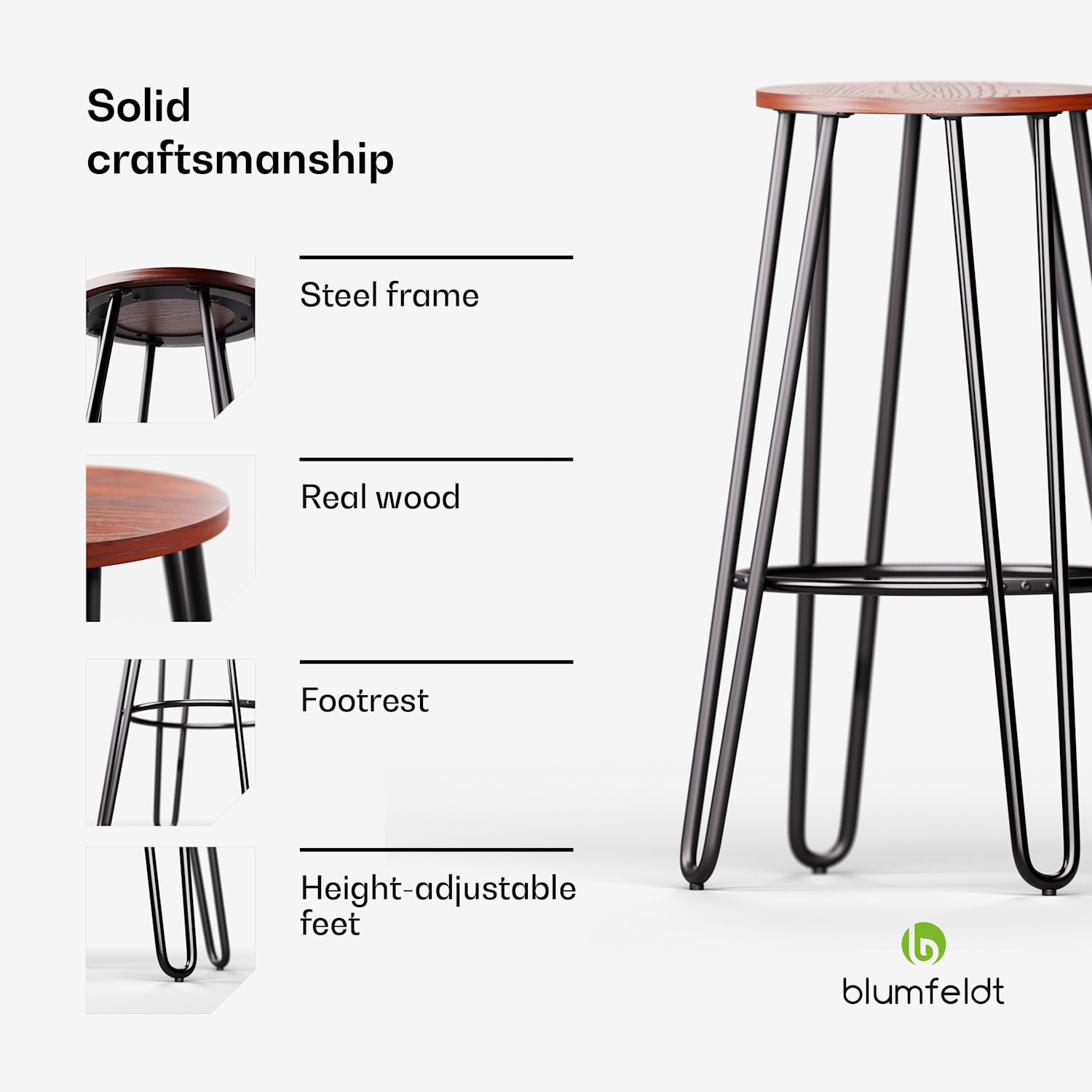 Hamilton bistrotuolit 1 kpl Ø 33 cm puuta teräsrunko Mahonki