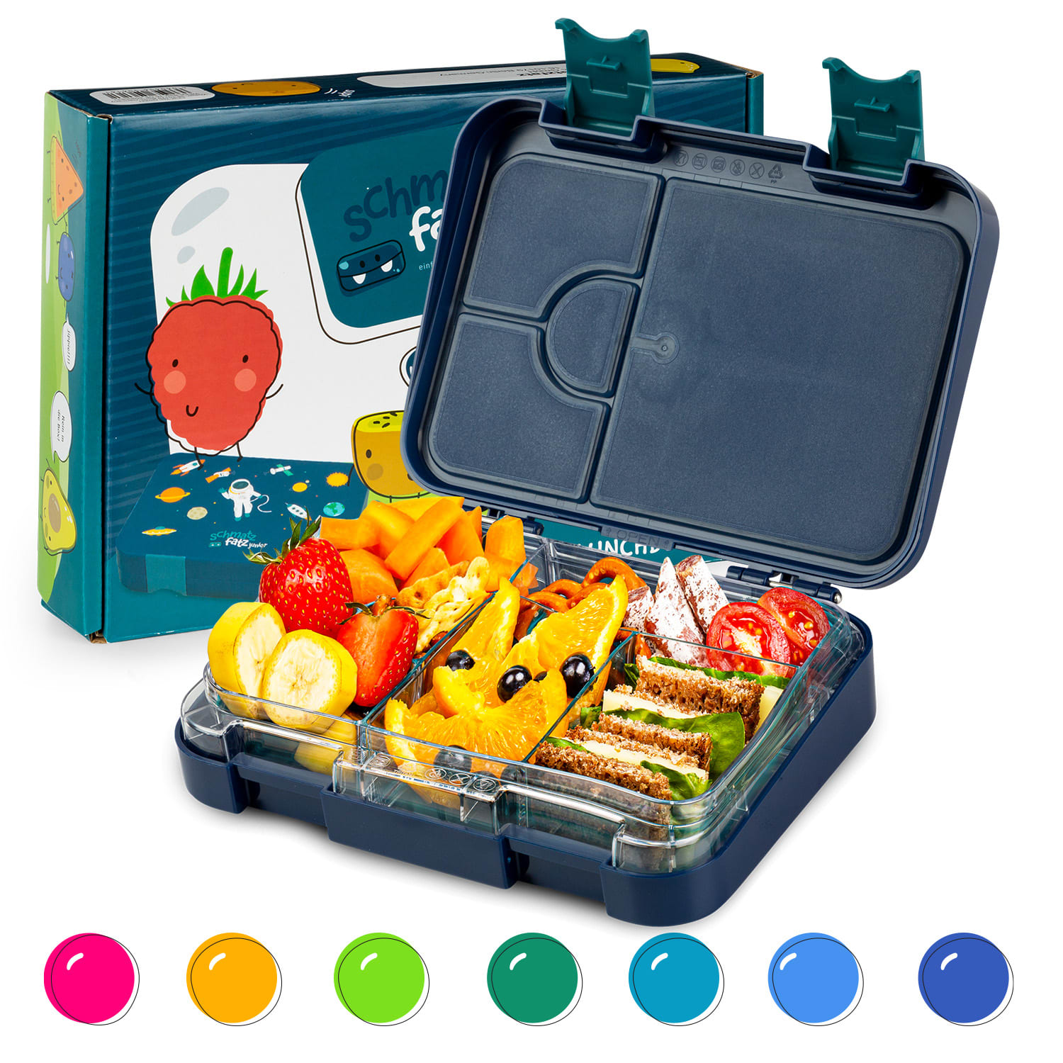 Schmatzfatz junior, svačinový box, 6 přihrádek, 21,3 × 15 × 4,5 cm, bez BPA Navy Space