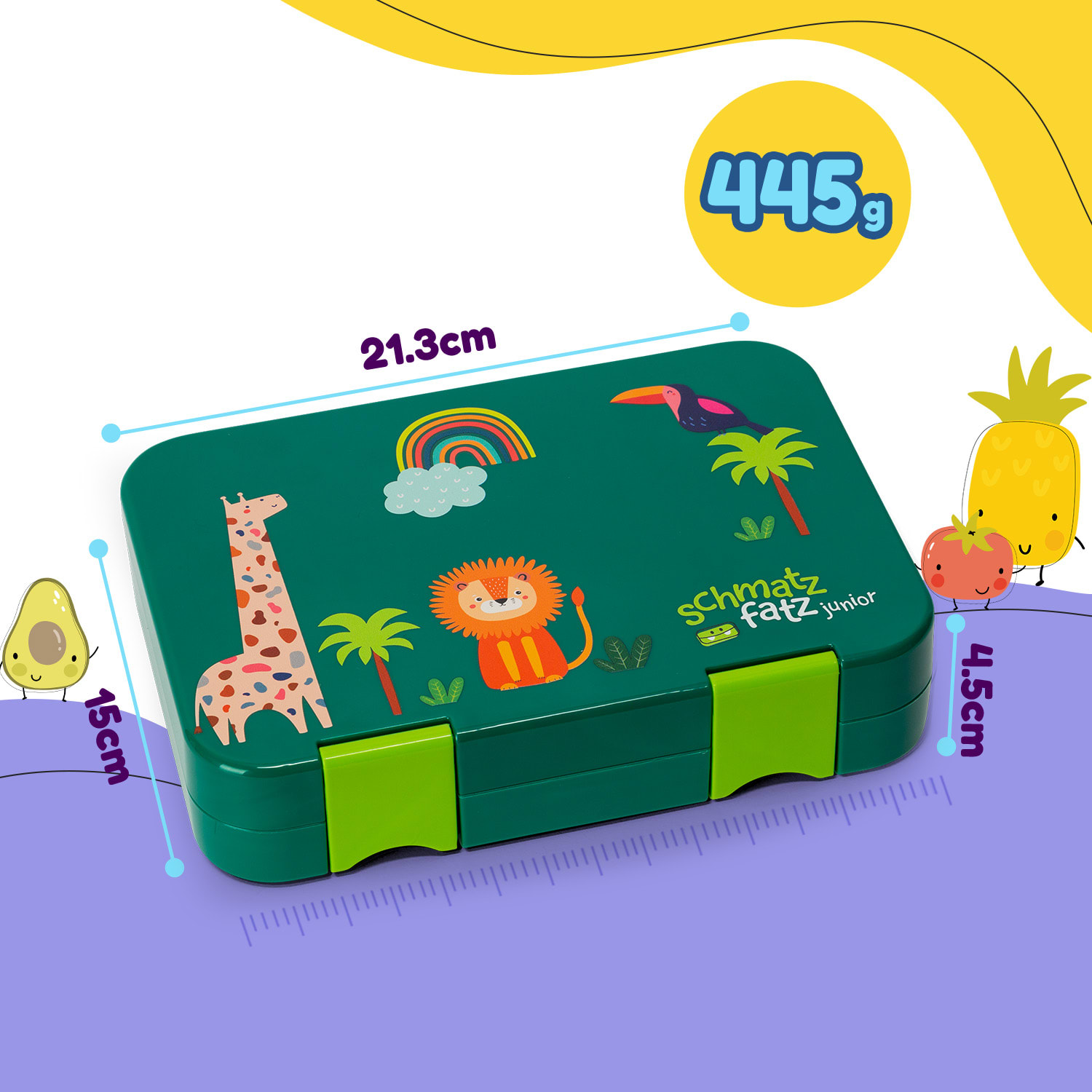 Schmatzfatz junior, svačinový box, 6 přihrádek, 21,3 × 15 × 4,5 cm, bez BPA Dark Green Jungle