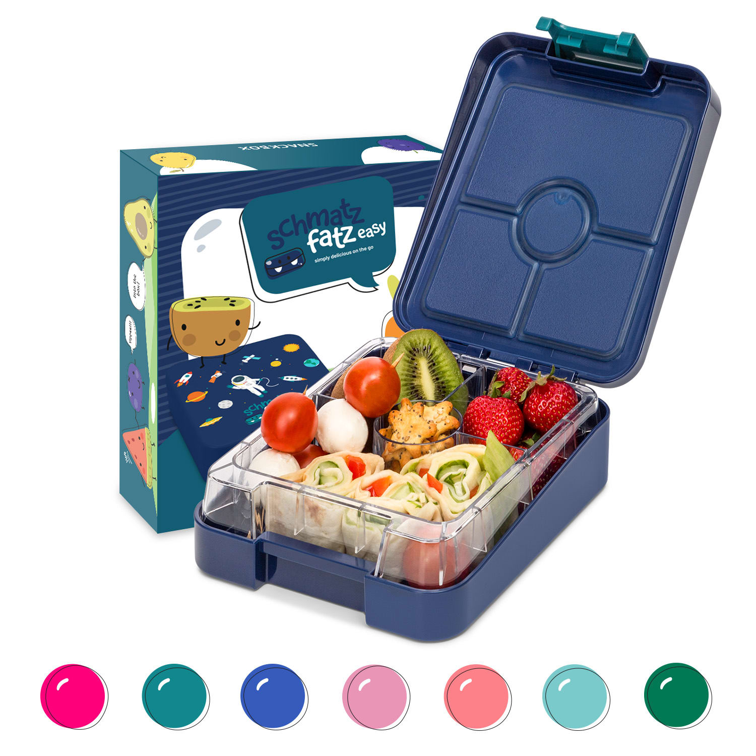 schmatzfatz easy, śniadanówka, lunchbox, pojemnik na przekąski, 4 przegródki, 18 x 15 x 5 cm Navy Space