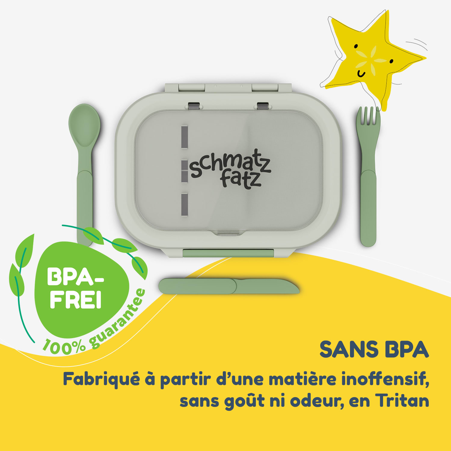 Bunko lunchbox 3 vakken incl. 3-delig Bestek: 21 x 14,5 x 5,5 cm  Olijfgroen