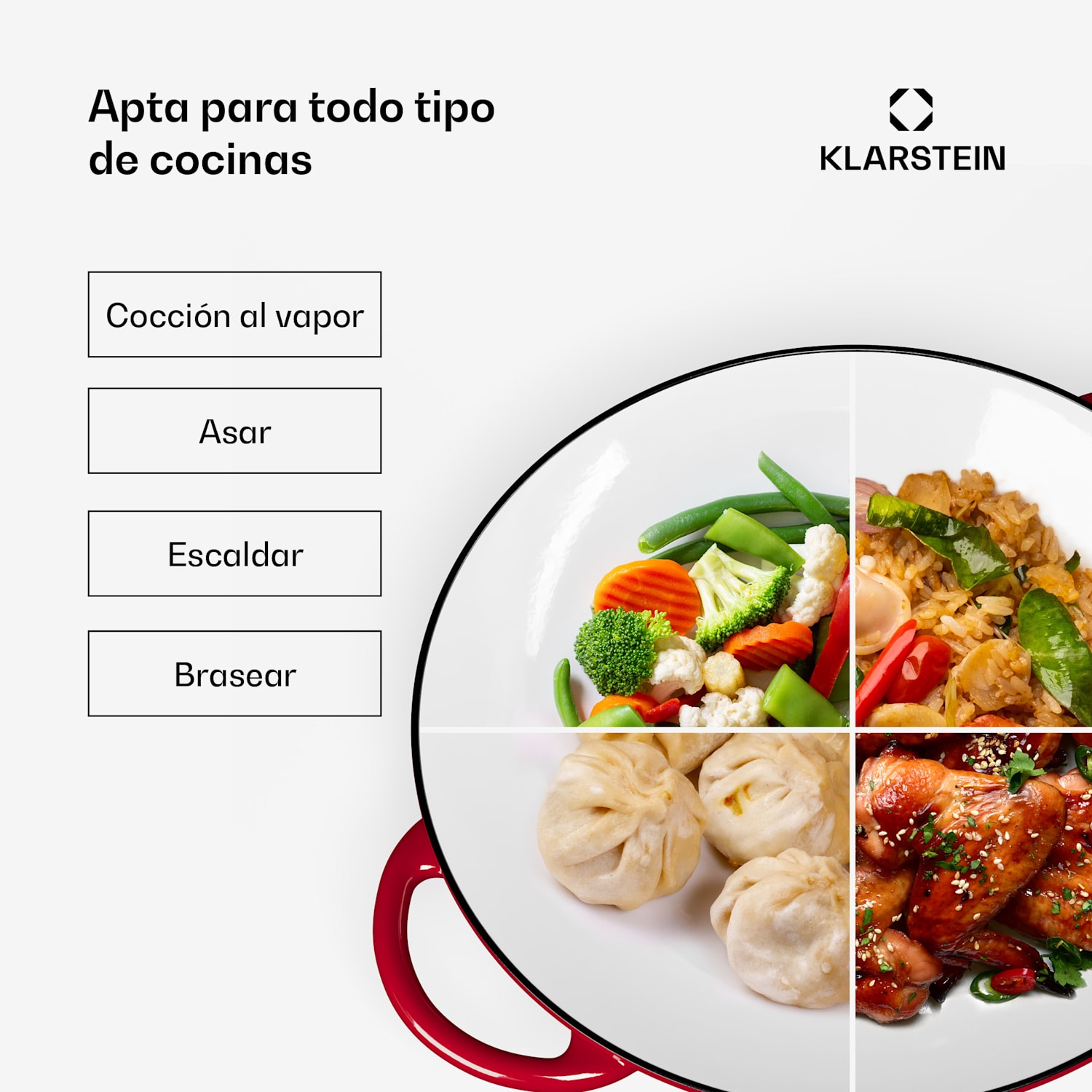 Klarstein Jersey Wok Hierro fundido Esmaltado Redondo Dos asas Tapa Resistente al horno Para todo tipo de placas Rojo