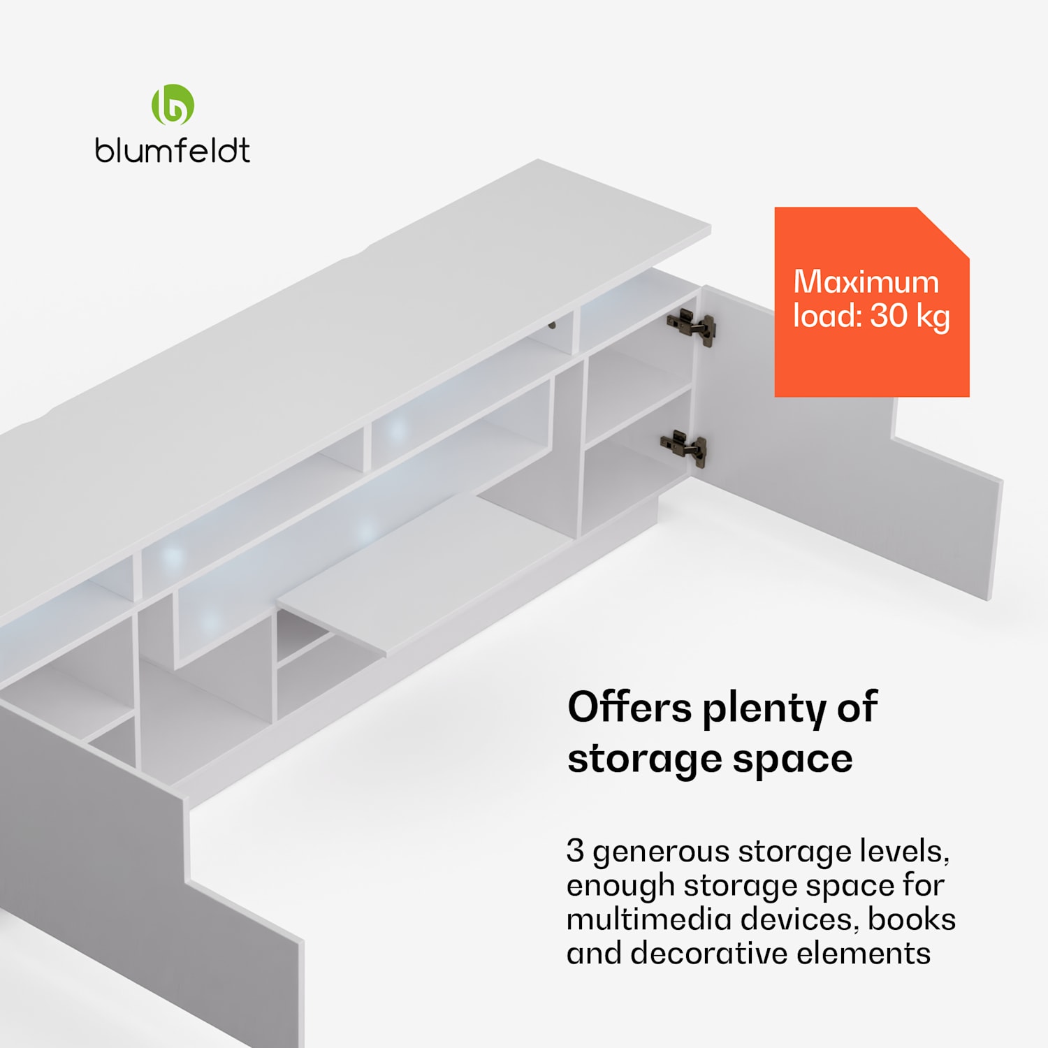 Perth Lowboard, TV szekrény, 150 x 35 x 50 cm, LED 150 x 35 x 50 cm | Fehér
