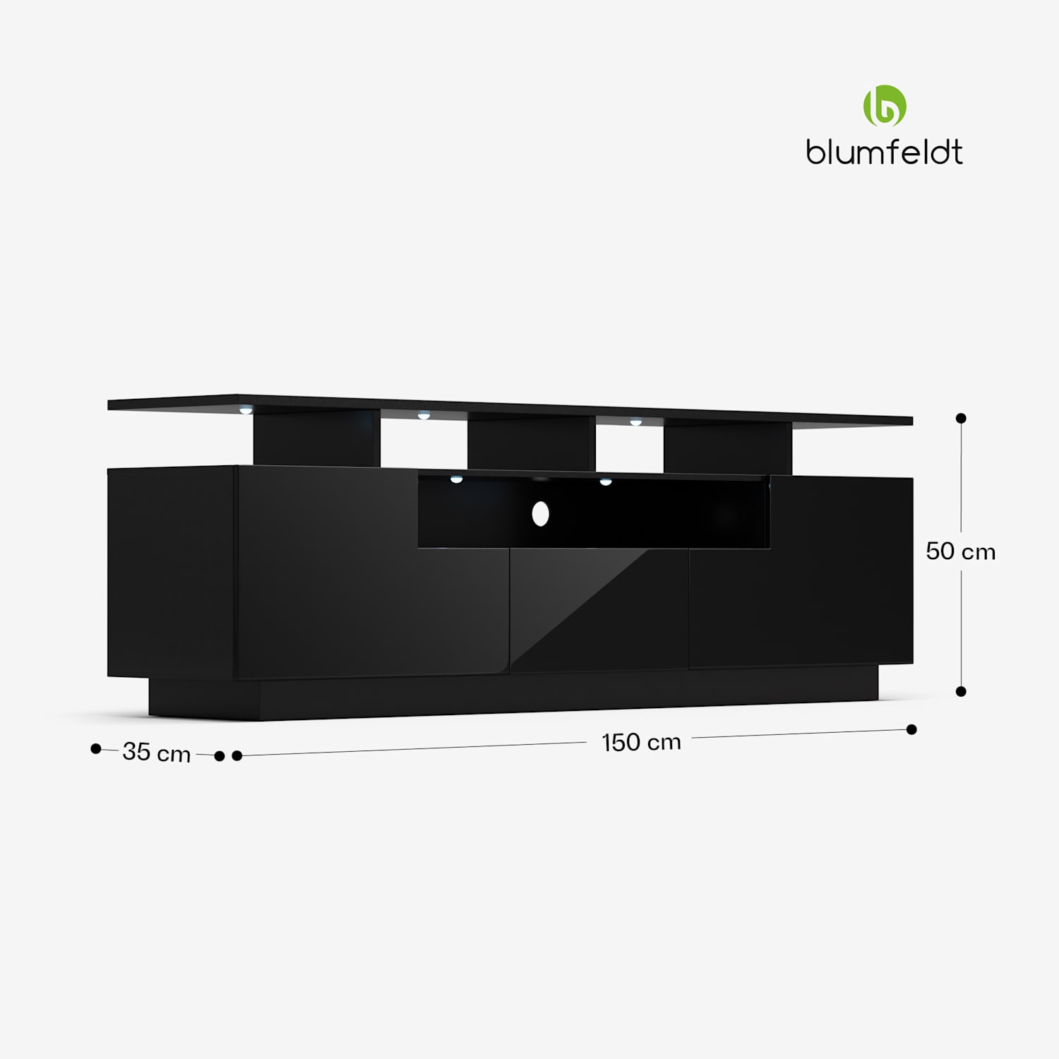 Perth Lowboard, TV szekrény, 150 x 35 x 50 cm, LED 150 x 35 x 50 cm | Fekete
