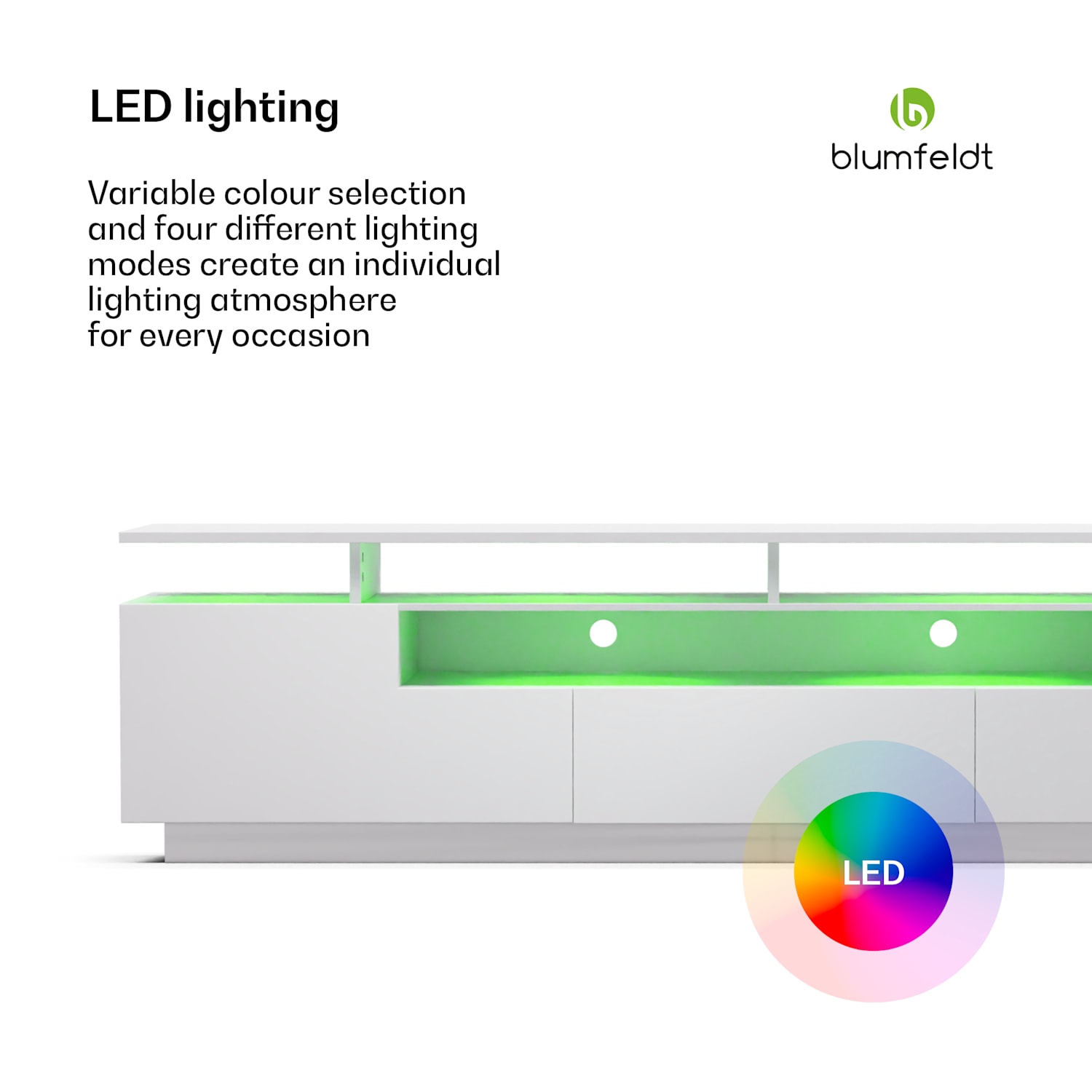 Perth Lowboard Fernsehschrank 195 x 44 x 50 cm LED-Beleuchtung 3 Ablagen matt Maße | Weiß