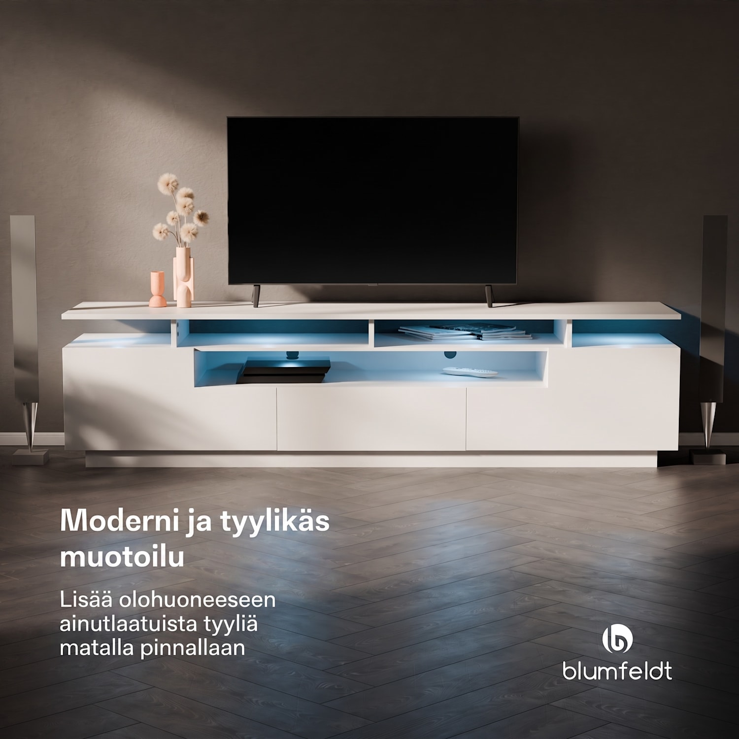 Perth TV-taso televisiotaso LED 3 hyllyä valkoinen, 195 x 44 x 50 cm, LED mitat | Valkoinen