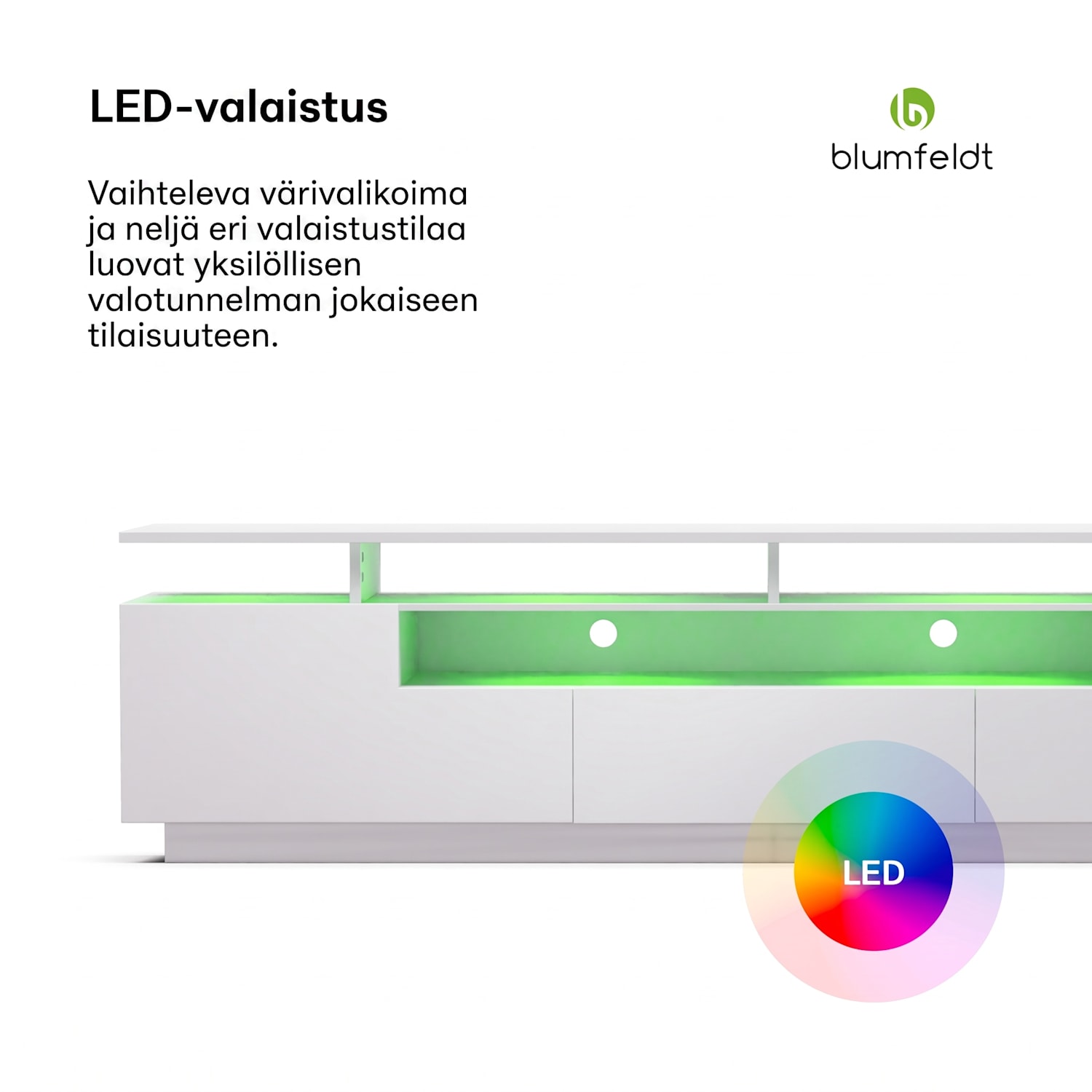 Perth TV-taso televisiotaso LED 3 hyllyä valkoinen, 195 x 44 x 50 cm, LED mitat | Valkoinen
