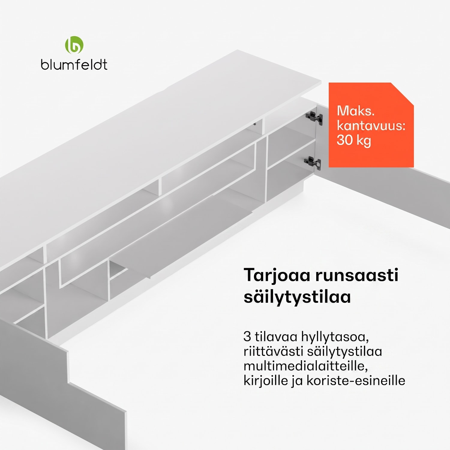 Perth TV-taso televisiotaso LED 3 hyllyä valkoinen, 195 x 44 x 50 cm, LED mitat | Valkoinen