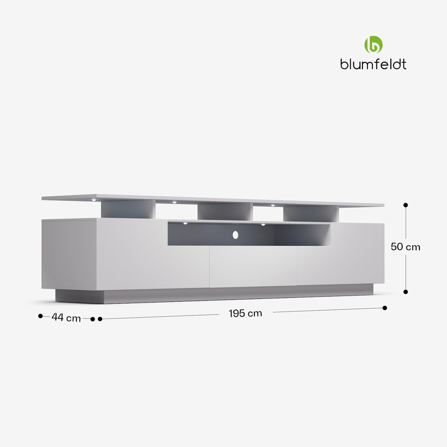 Perth TV-taso televisiotaso LED 3 hyllyä valkoinen, 195 x 44 x 50 cm, LED mitat | Valkoinen