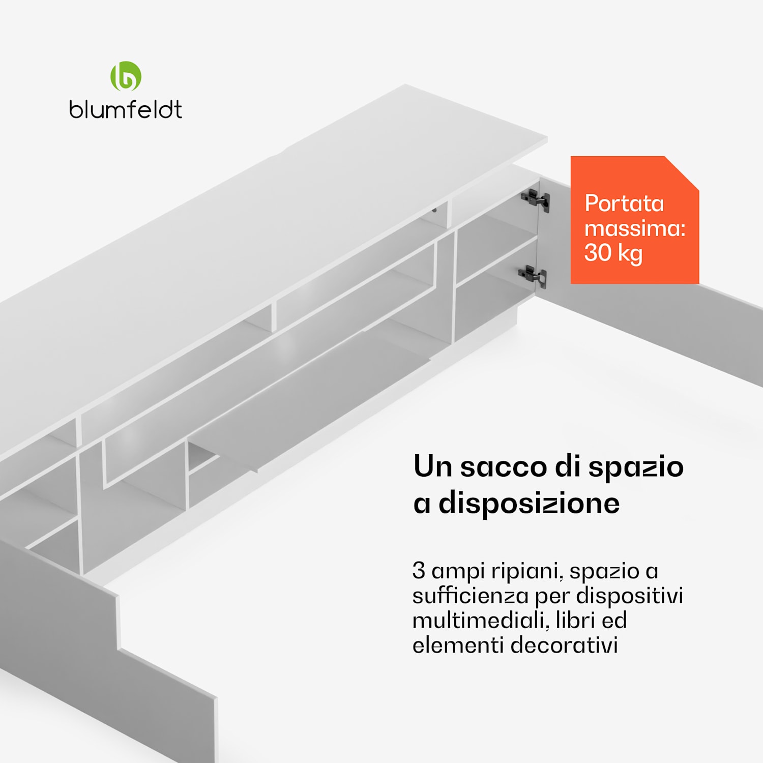 Perth - Lowboard, mobile porta TV, LED, 3 ripiani, bianco, 195 x 44 x 50 cm, LED dimensioni | Bianco