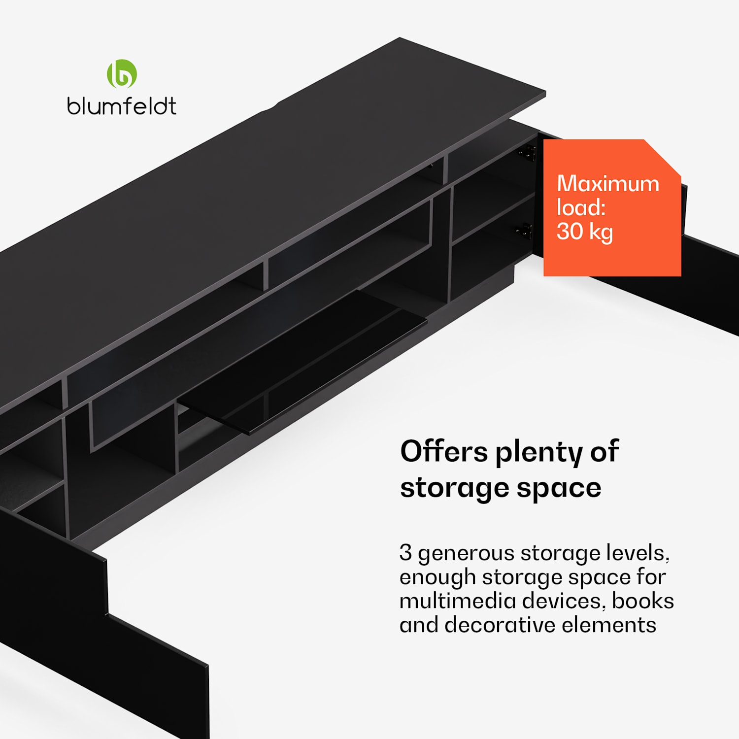 Perth Lowboard Fernsehschrank 195 x 44 x 50 cm LED-Beleuchtung 3 Ablagen matt Maße | Schwarz