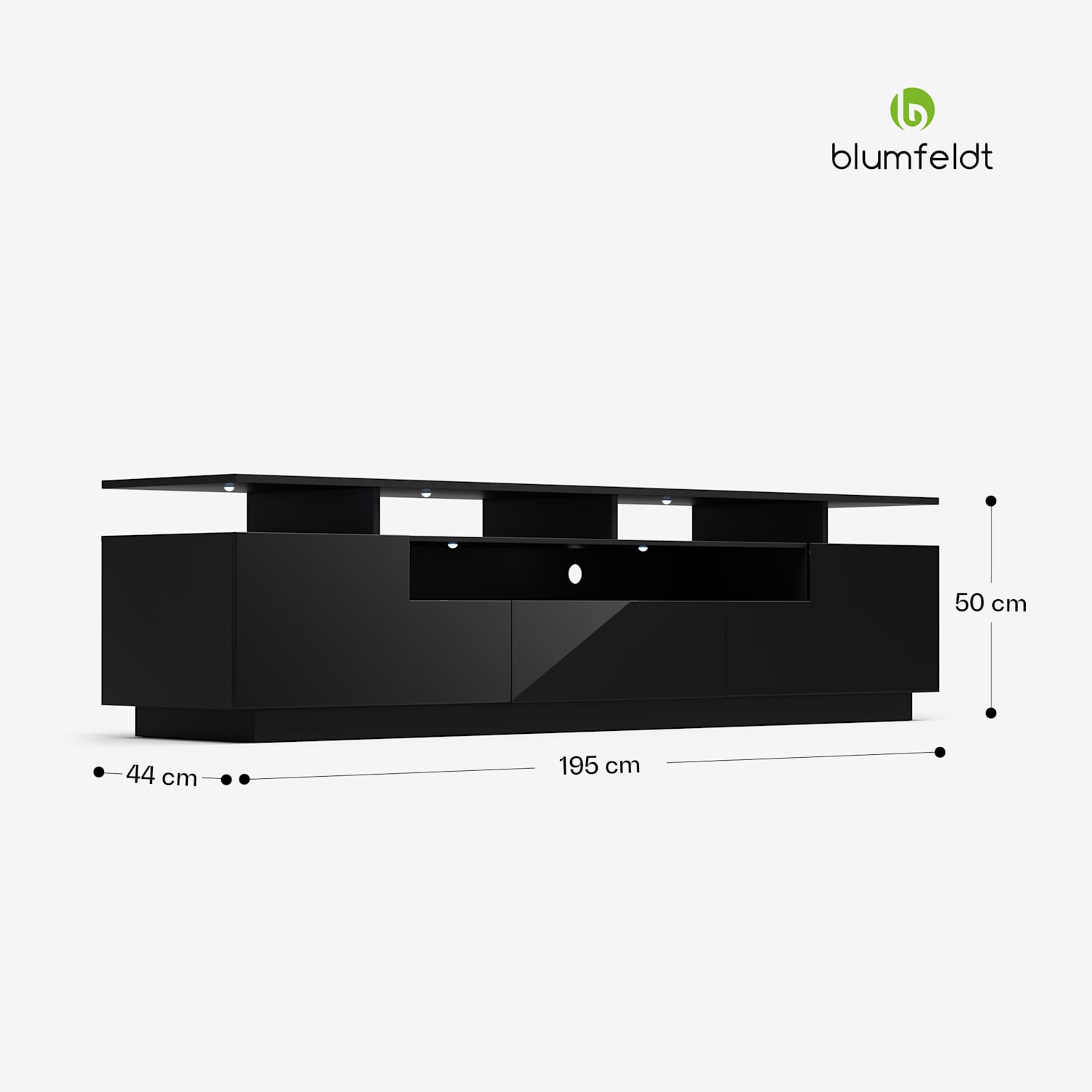 Perth Lowboard Fernsehschrank 195 x 44 x 50 cm LED-Beleuchtung 3 Ablagen matt Maße | Schwarz