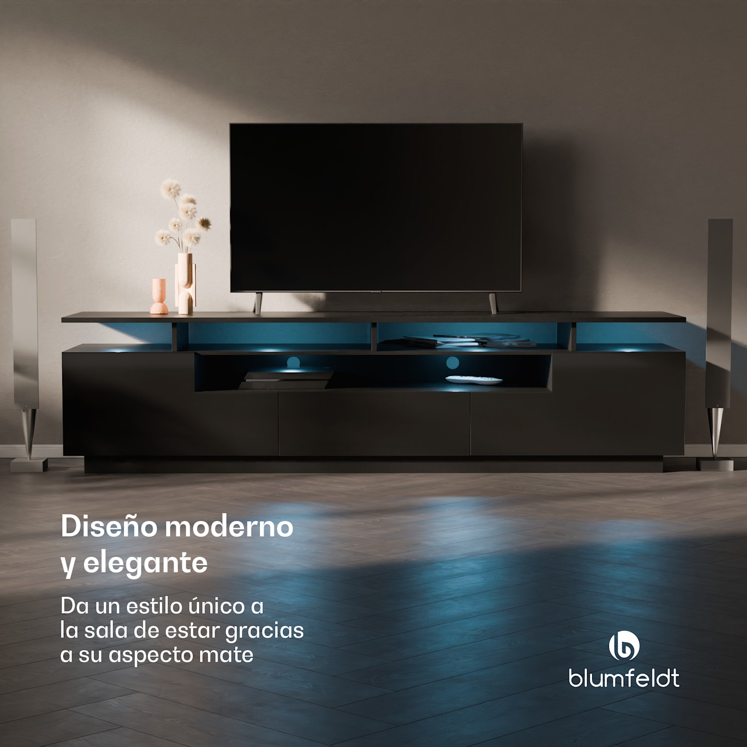 Mueble bajo de TV lowboard Perth 195 x 44 x 50 cm, LED dimensiones | Negro