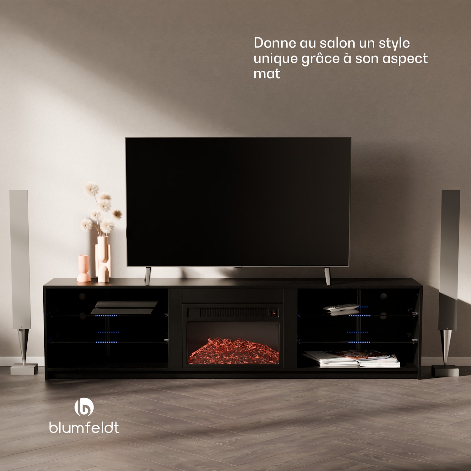 Meuble TV meuble bas moyen Perth, foyer électrique, 160 x 40 x 30 cm, LED 160 x 40 x 30 cm | Noir
