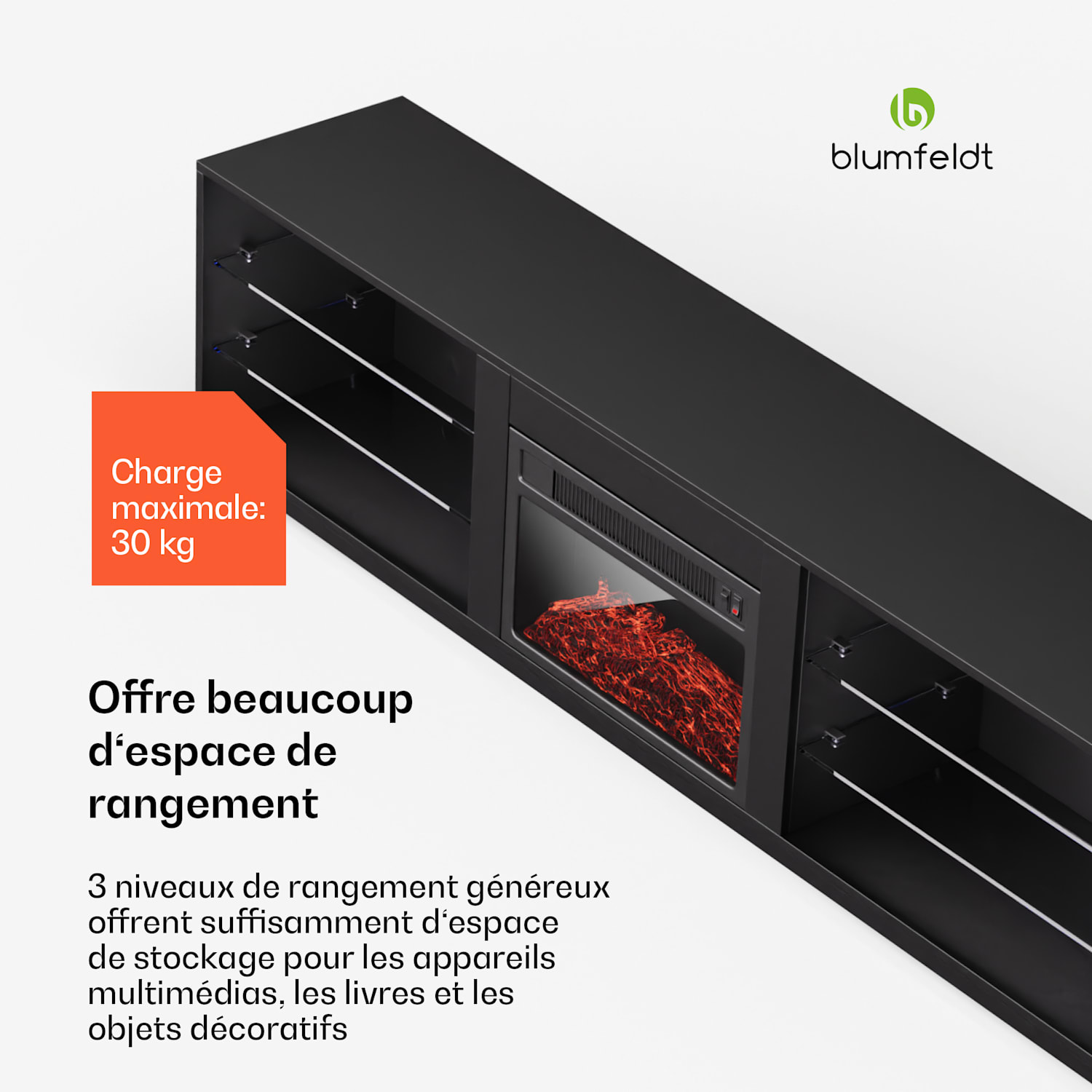 Meuble TV meuble bas moyen Perth, foyer électrique, 160 x 40 x 30 cm, LED 160 x 40 x 30 cm | Noir