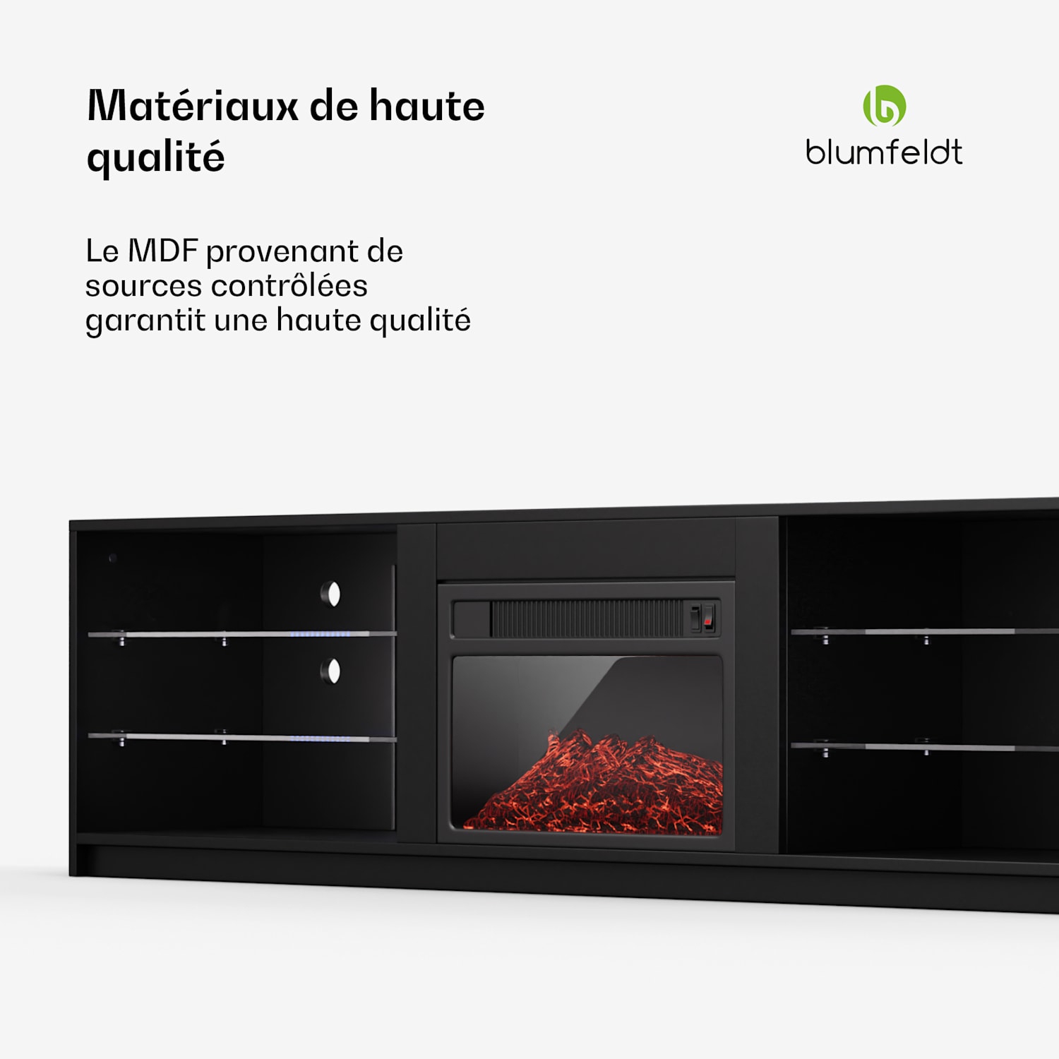 Meuble TV meuble bas moyen Perth, foyer électrique, 160 x 40 x 30 cm, LED 160 x 40 x 30 cm | Noir