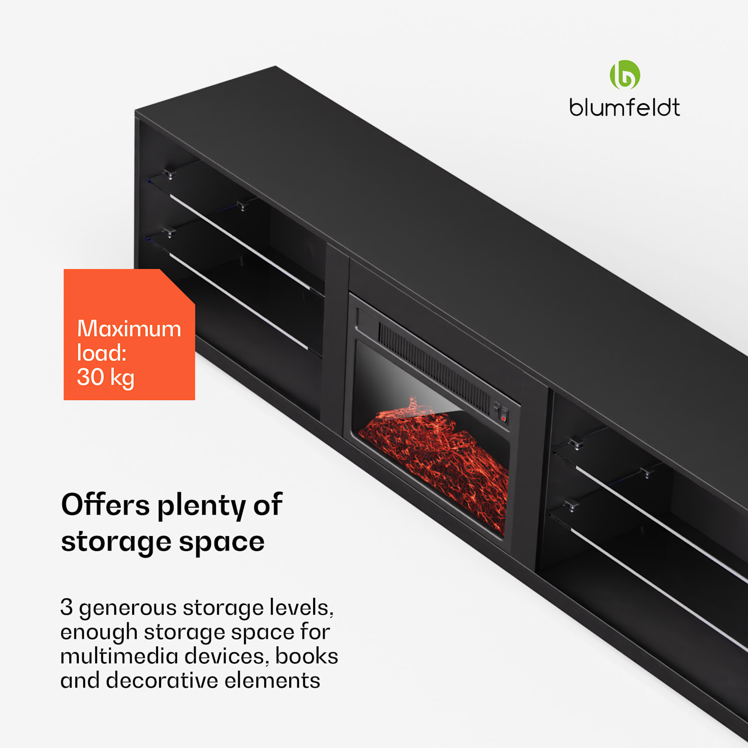 Perth medium lowboard tv-kast elektrische haard, 160 x 40 x 30 cm, LED 160 x 40 x 30 cm | Zwart