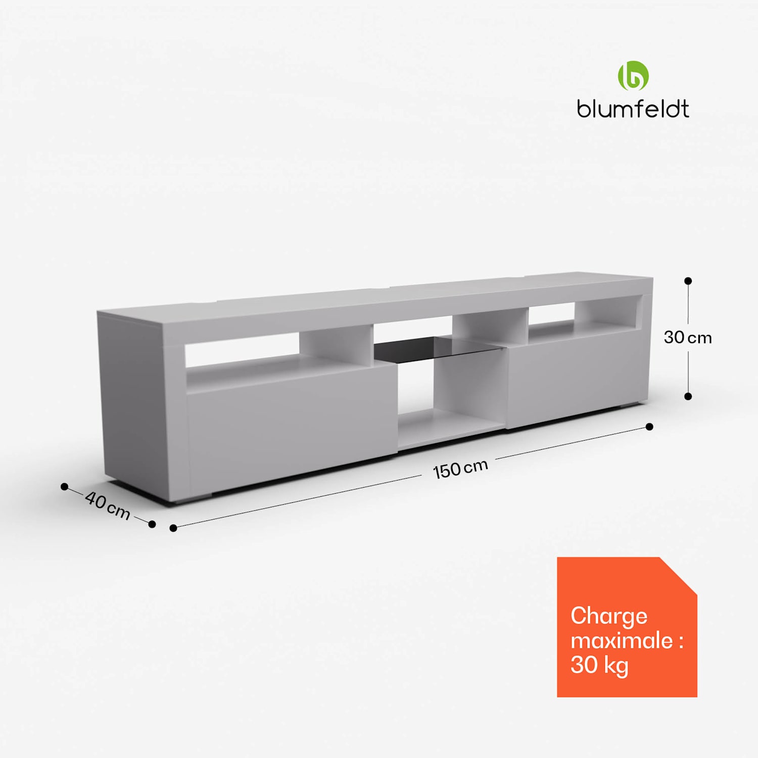 Meuble TV bas Elgin 150 x 30 x 40 cm, LED 150 x 30 x 40 cm | Blanc