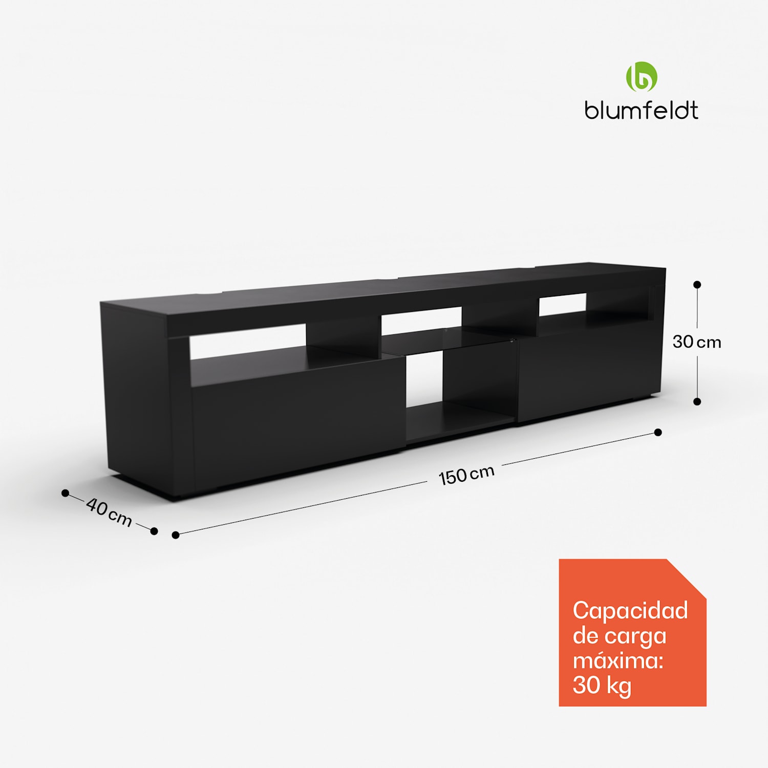 Mueble bajo armario para TV Elgin 150 x 30 x 40 cm, LED 150 x 30 x 40 cm | Negro