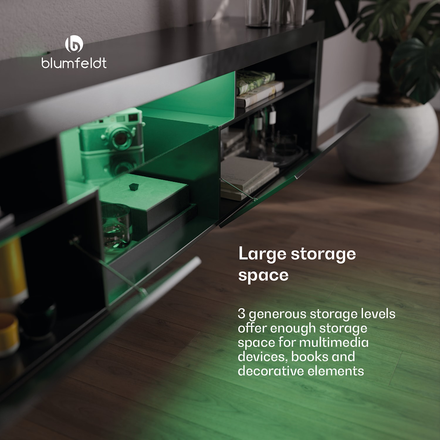 Elgin, TV szekrény, 150 x 30 x 40 cm, LED 150 x 30 x 40 cm | Fekete