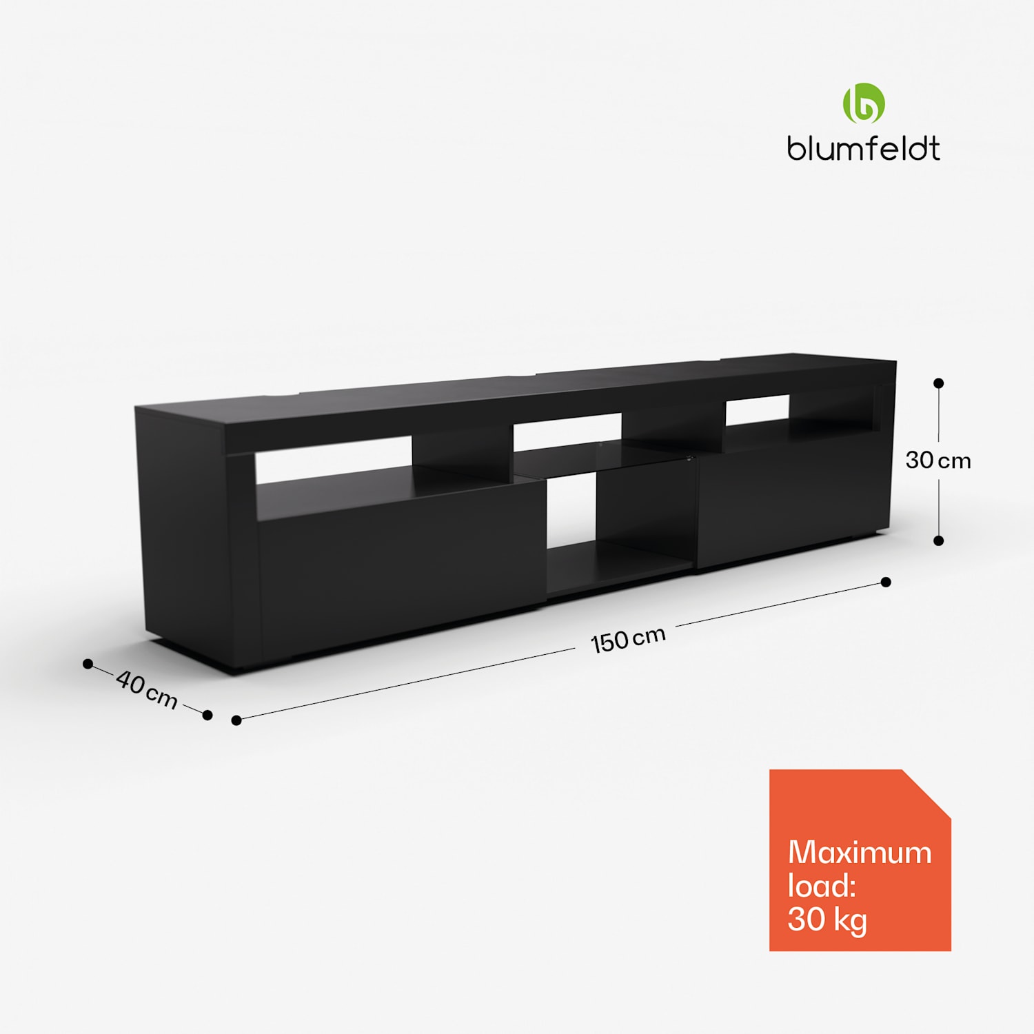 Elgin, TV szekrény, 150 x 30 x 40 cm, LED 150 x 30 x 40 cm | Fekete