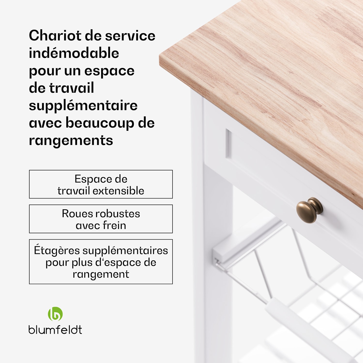 Chariot de service Etsu plan de travail extensible 1 tiroir  