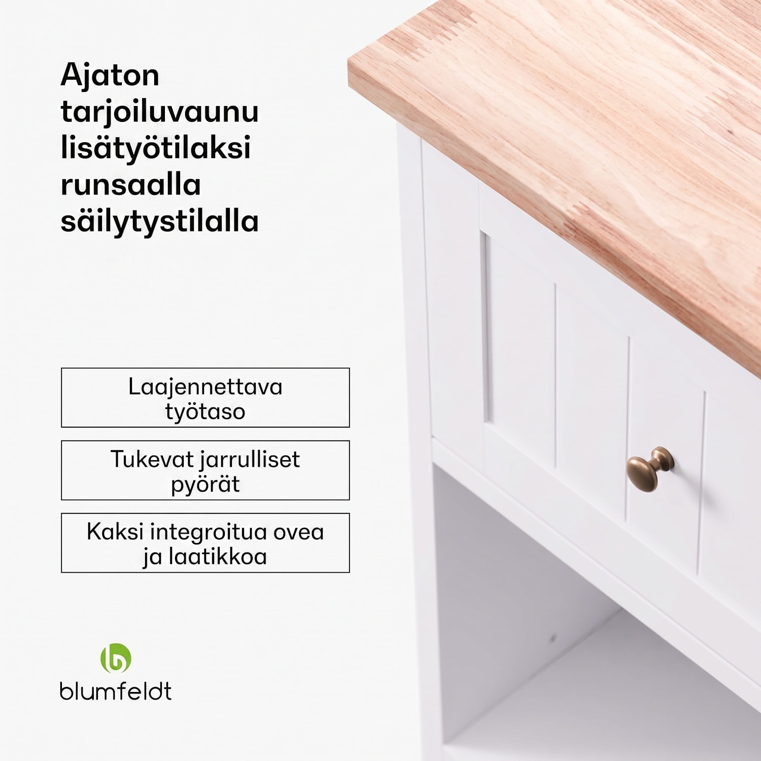 Etsu tarjoiluvaunu laajennettava työskentelytaso 2 laatikkoa 2 ovea 2 hyllyä pyörät jarrulla 