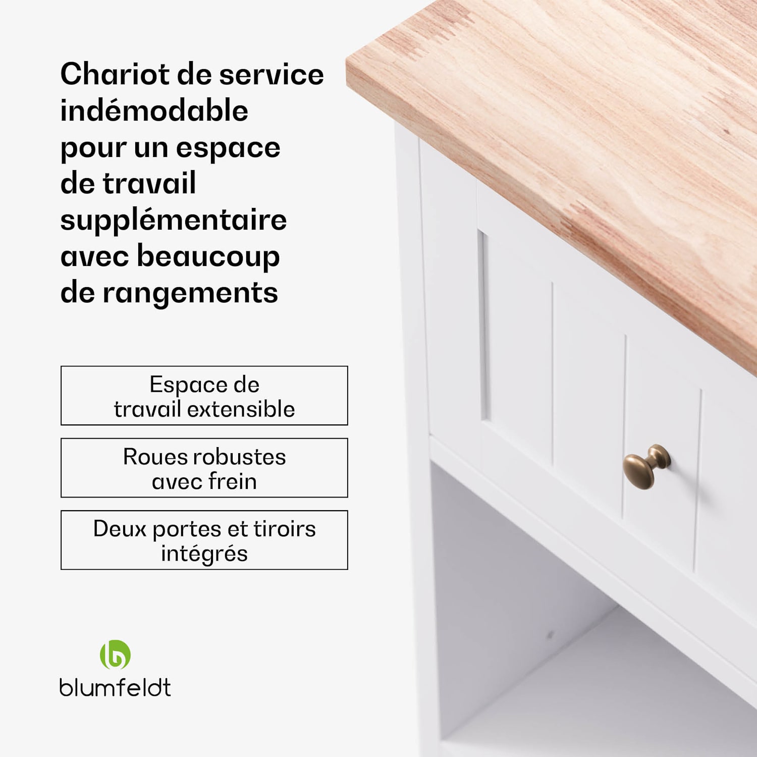 Etsu Chariot de service plan de travail extensible 2 tiroirs 2 portes 2 étagères roulettes avec frein de stationnement 