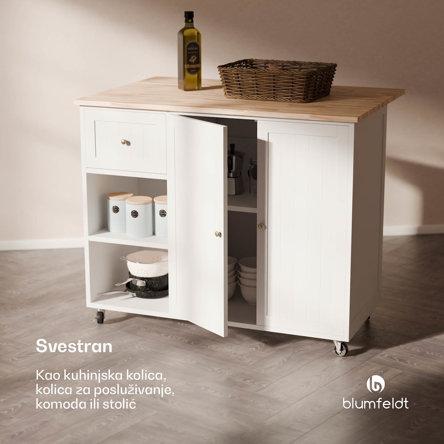 Etsu, kolica za posluživanje, radna ploča na izvlačenje, 2 ladice, 2 vrata, 2 police, kotači s parkirnom kočnicom, prostor za odlaganje, jednostavno čišćenje 