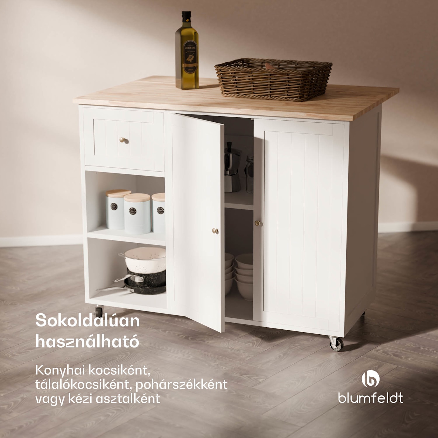 Etsu, tálalókocsi, kihúzható munkalap, 2 fiók, 2 ajtó, 2 polc, görgők rögzítőfékkel, tárolóhely, egyszerű tisztítás 