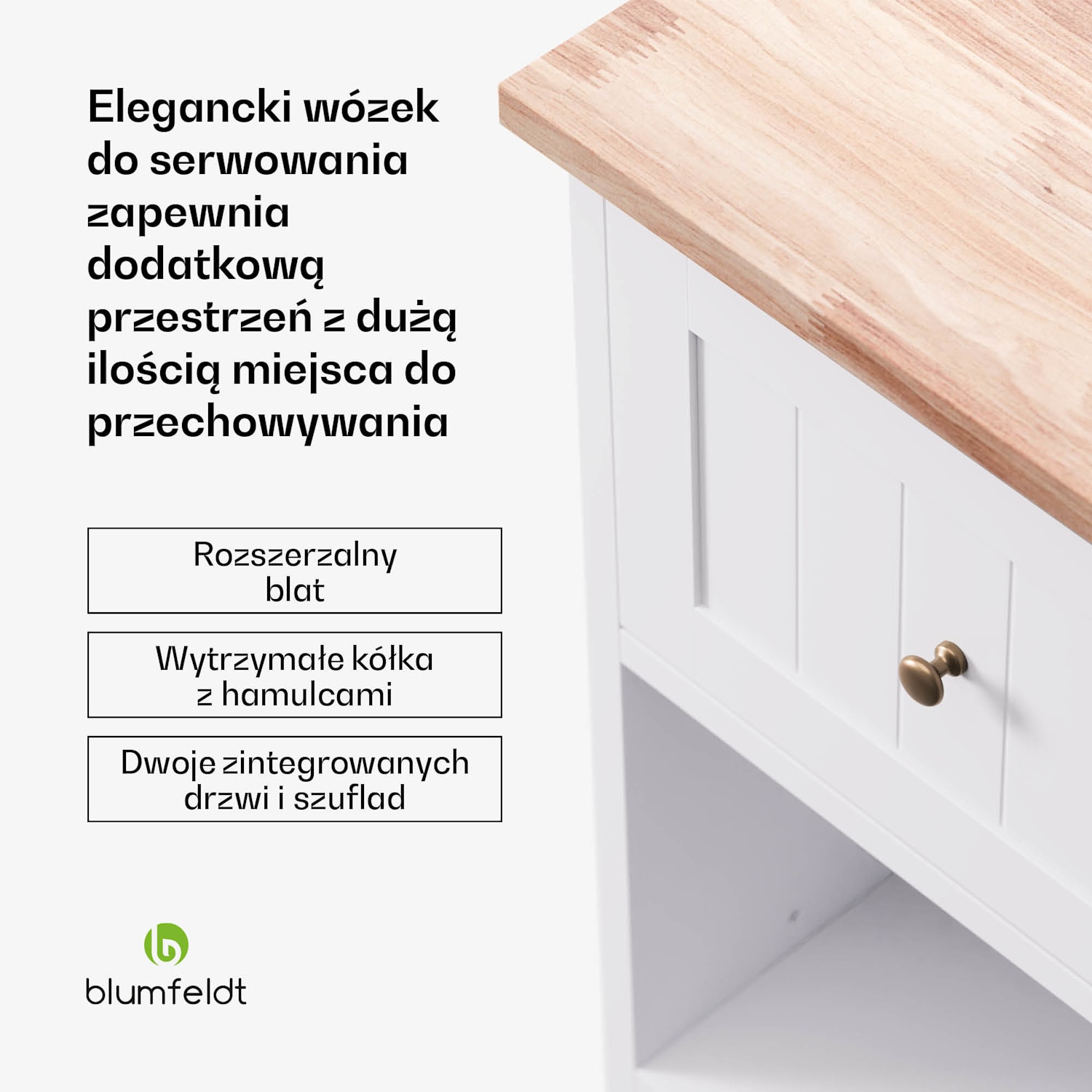 Etsu, wózek kuchenny, wysuwany blat, 2 szuflady, 2 drzwiczki, 2 półki, kółka z hamulcem, szafka, łatwe czyszczenie 