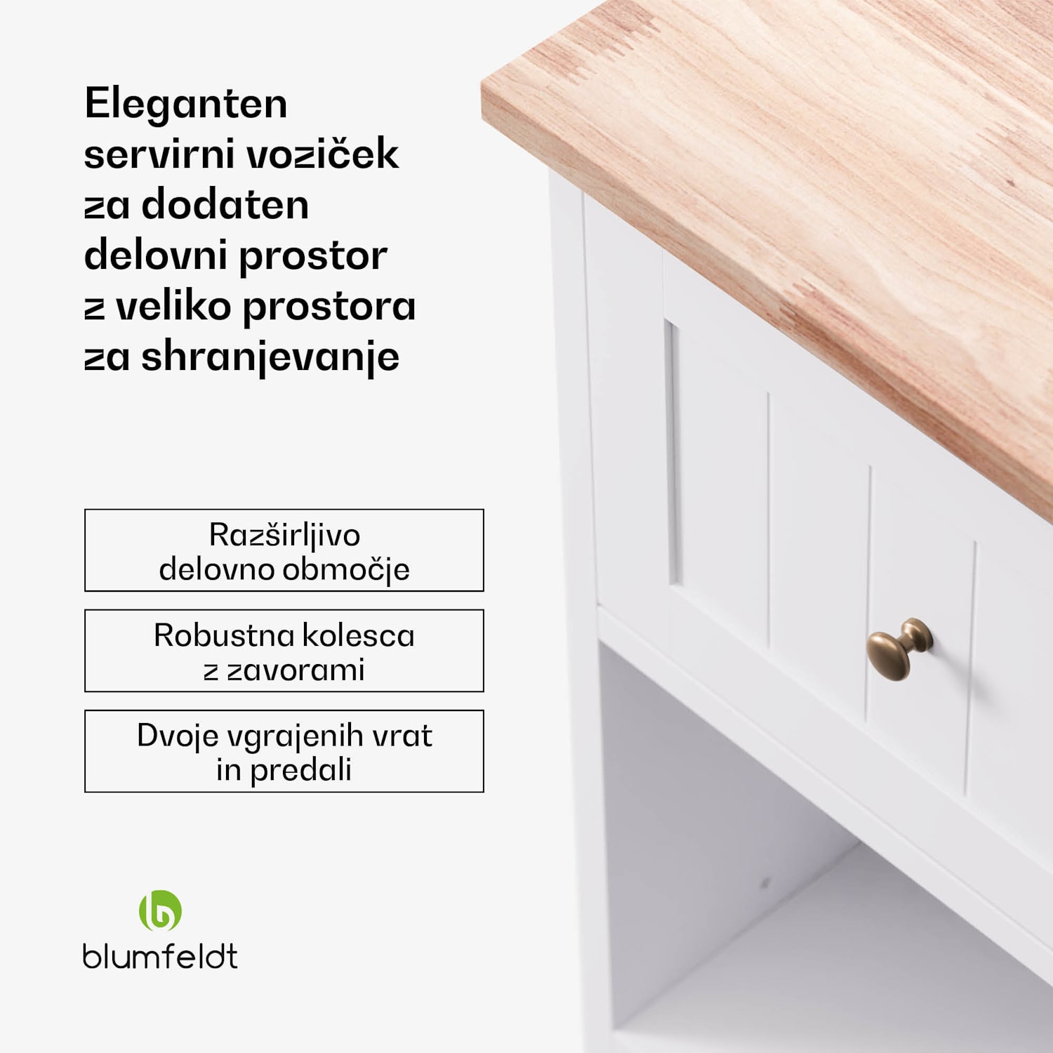 Etsu, servirni voziček, izvlečna delovna plošča, 2 predala, 2 vrata, 2 polici, kolesa s parkirno zavoro, prostor za shranjevanje, enostavno čiščenje 