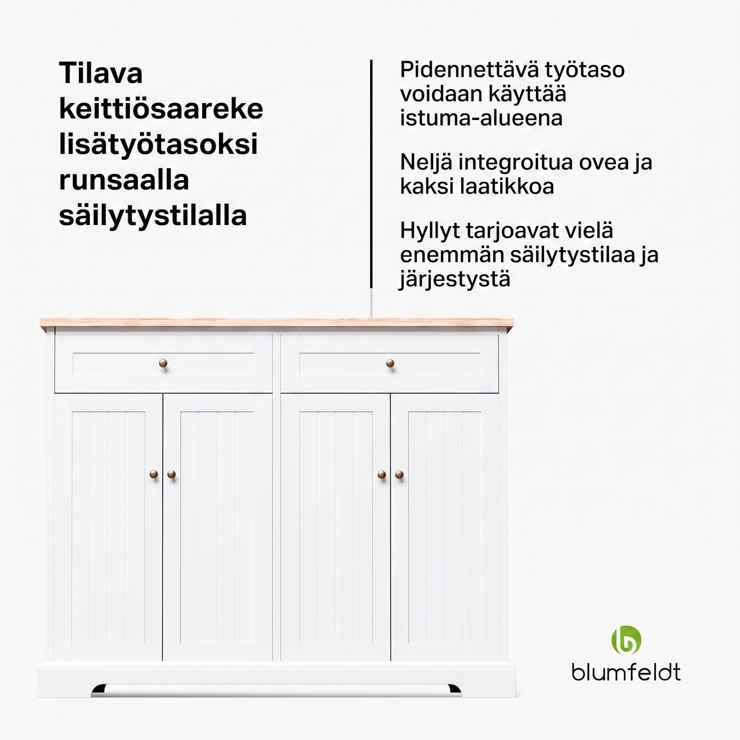 Etsu keittiösaareke laajennettava työskentelytaso 2 laatikkoa 4 ovea voidaan käyttää ruokapöytänä  