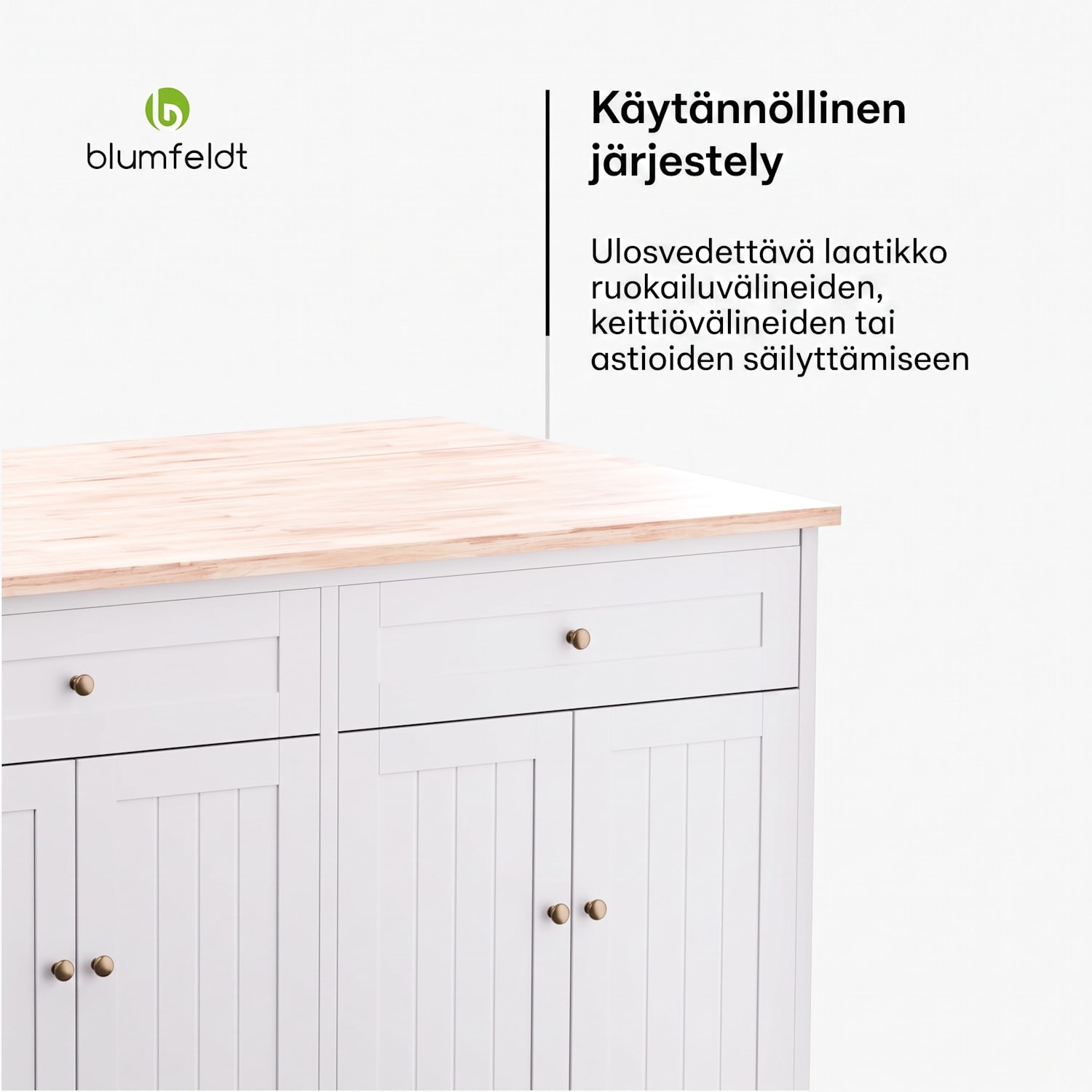 Etsu keittiösaareke laajennettava työskentelytaso 2 laatikkoa 4 ovea voidaan käyttää ruokapöytänä  