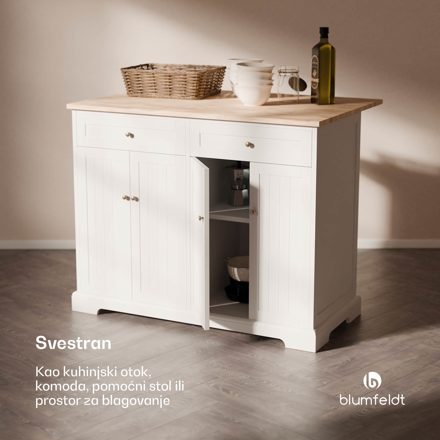 Etsu, kuhinjski otok, produljiva radna ploča, 2 ladice, 4 vrata, može se koristiti kao blagovaonski stol, spremište, lako se čisti 