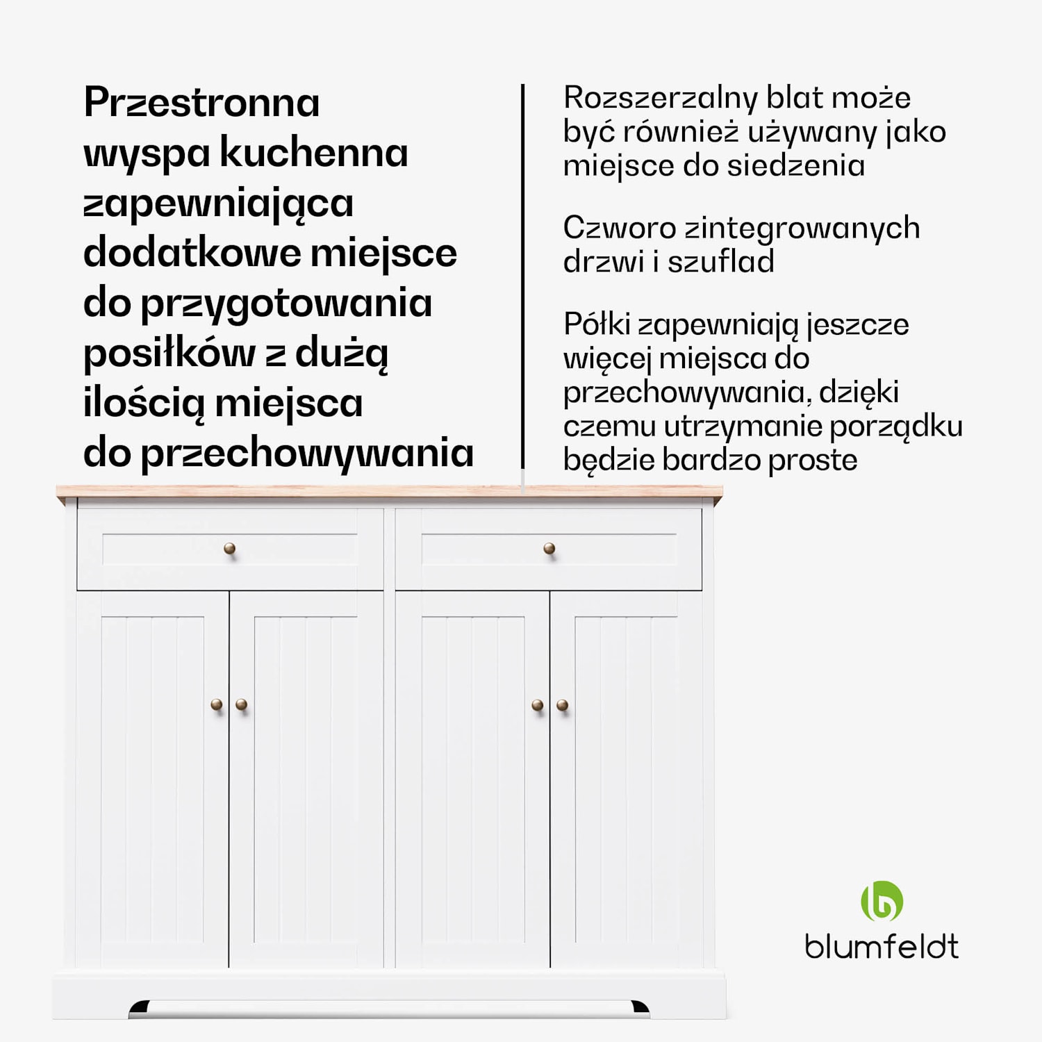 Etsu, wyspa kuchenna, wysuwany blat, 2 szuflady, 4 drzwiczki, może być używany jako stół jadalny, miejsce do przechowywania, łatwe czyszczenie 