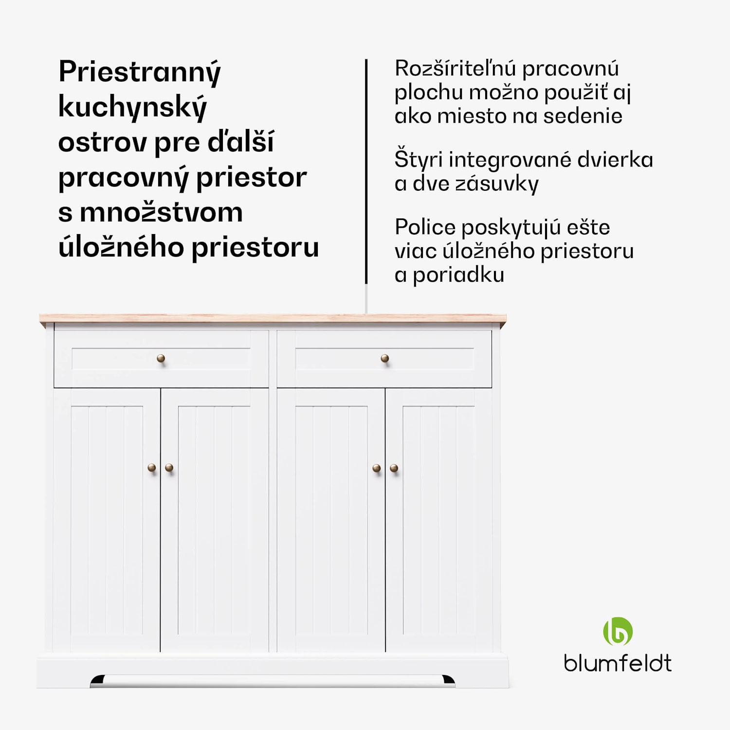 Etsu, kuchynský ostrov, rozťahovacia pracovná doska, 2 zásuvky, 4 dvierka, možno použiť ako jedálenský stôl, úložný priestor, ľahko sa čistí 