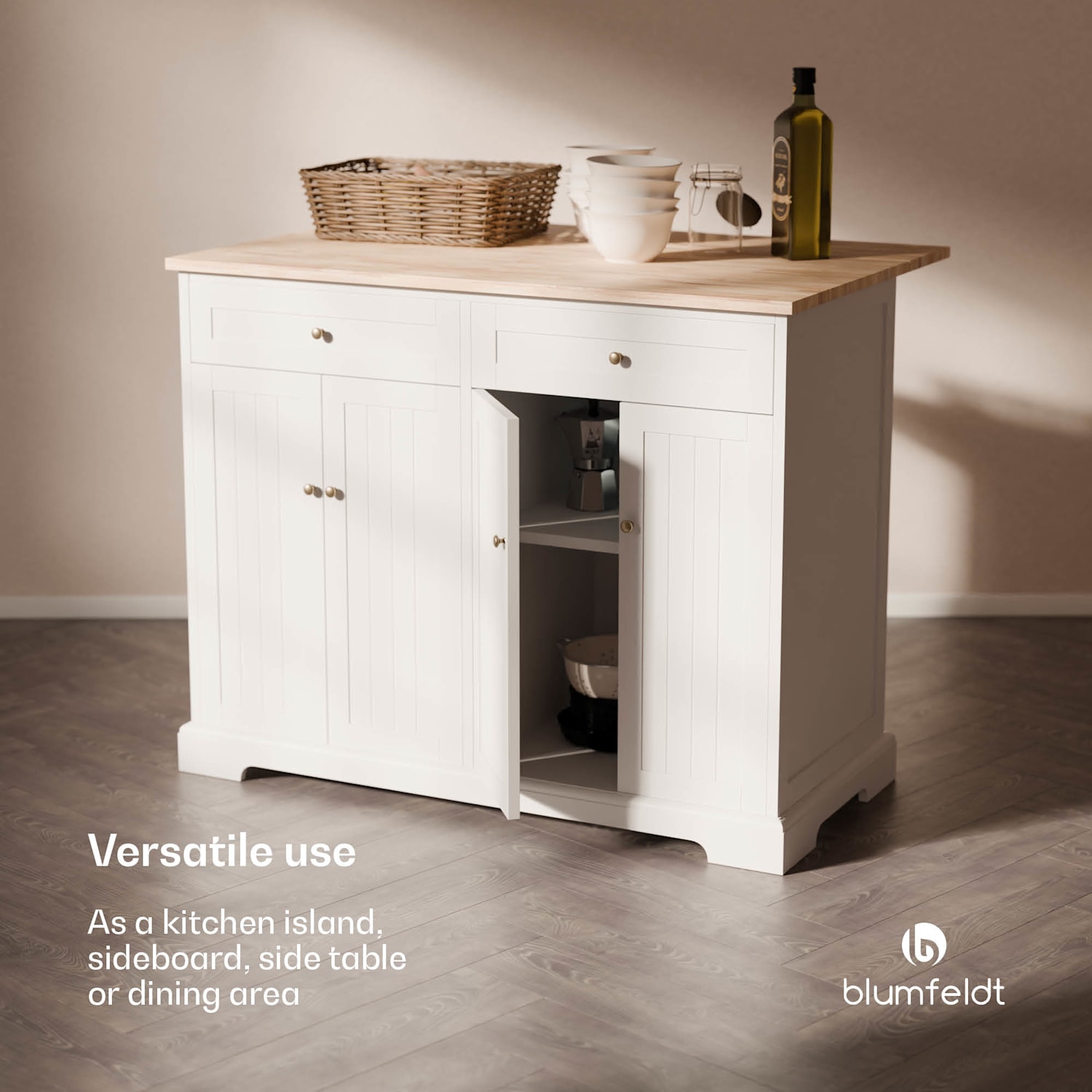 Etsu keukeneiland uitschuifbaar werkblad 2 schuiflades 4 deurtjes geschikt als eettafel  