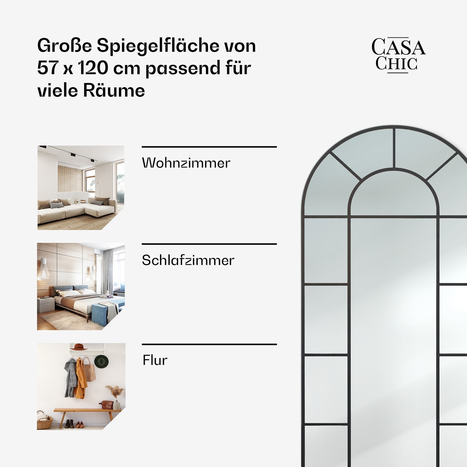 Archway - Specchio a parete dal design francese, cornice in alluminio, 57 x 120 cm 