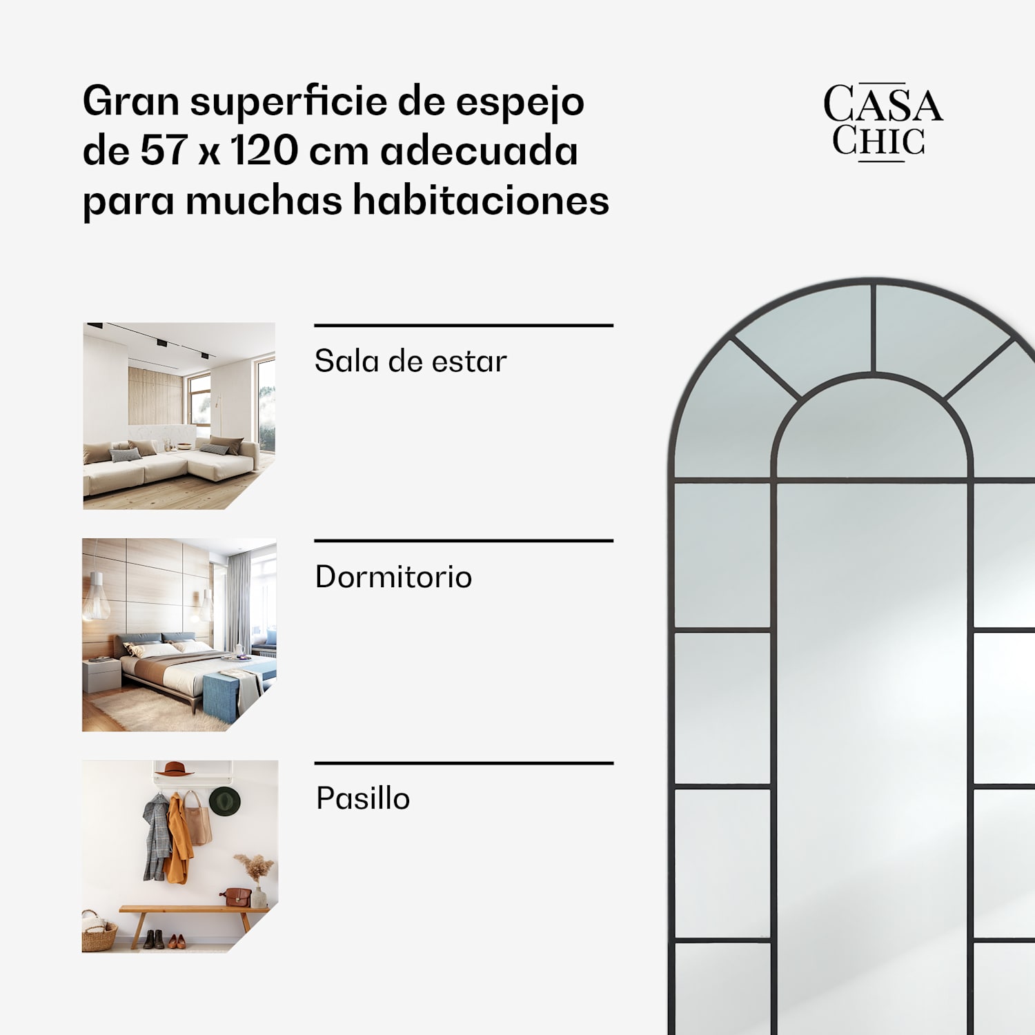 Espejo de pared francés Archway marco de aluminio 57 x 120 cm