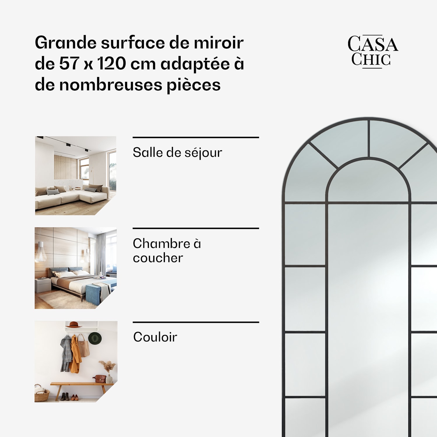 Archway Franse wandspiegel aluminium lijst 57 × 120 cm