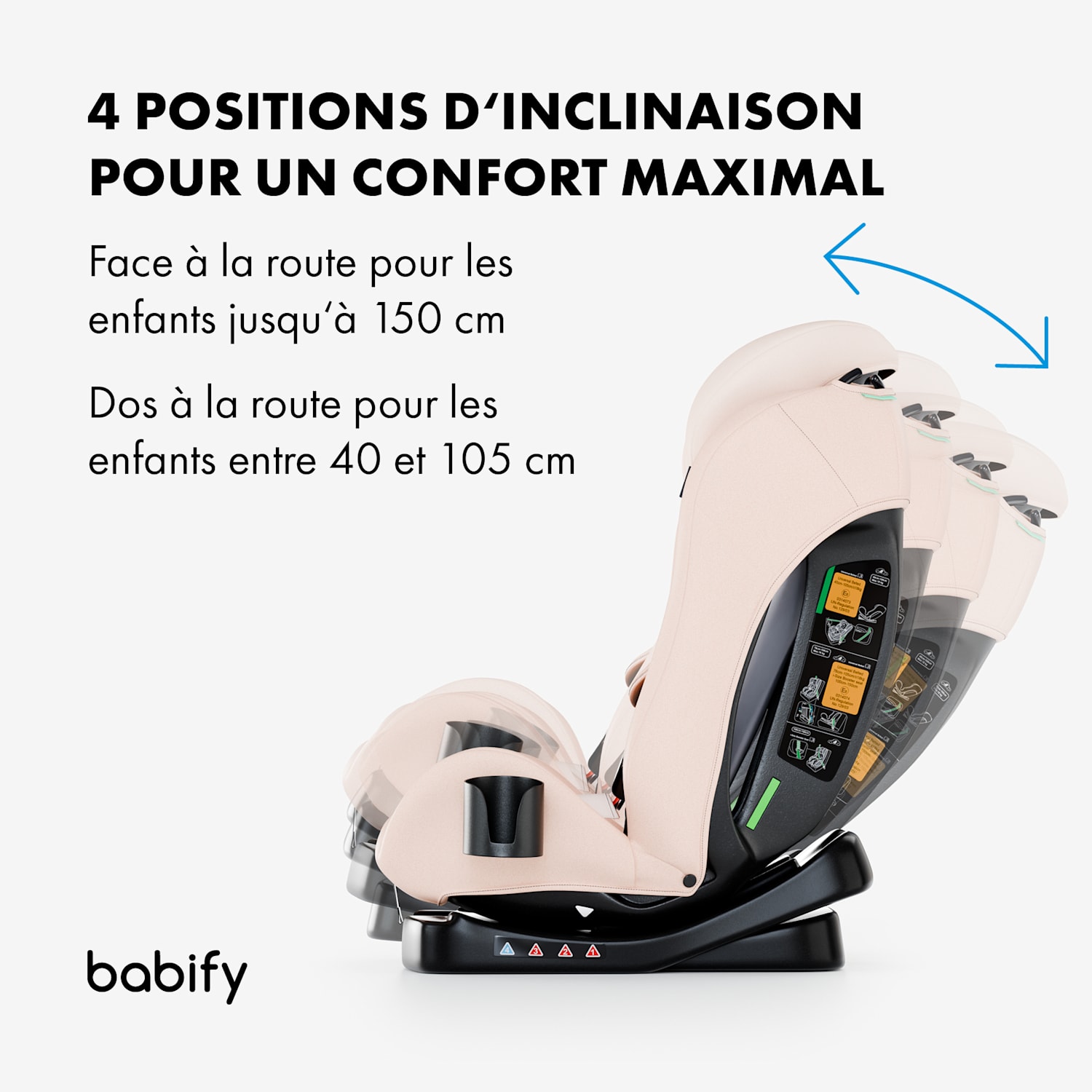 Siège auto 3 en 1 pour tailles de 40 à 150 cm certifié selon UN ECE R 129 dos à la route à trois angles d'inclinaison 