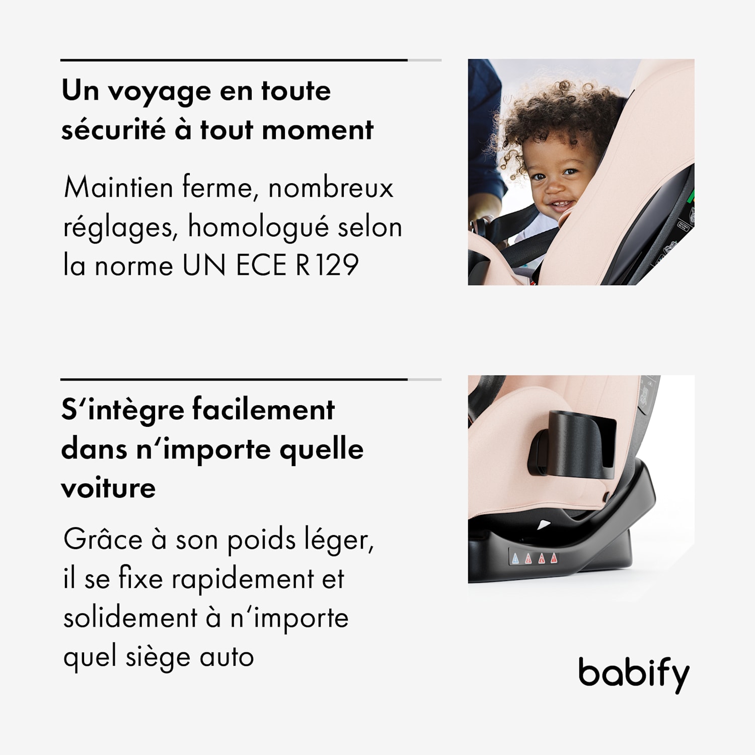 Siège auto 3 en 1 pour tailles de 40 à 150 cm certifié selon UN ECE R 129 dos à la route à trois angles d'inclinaison 