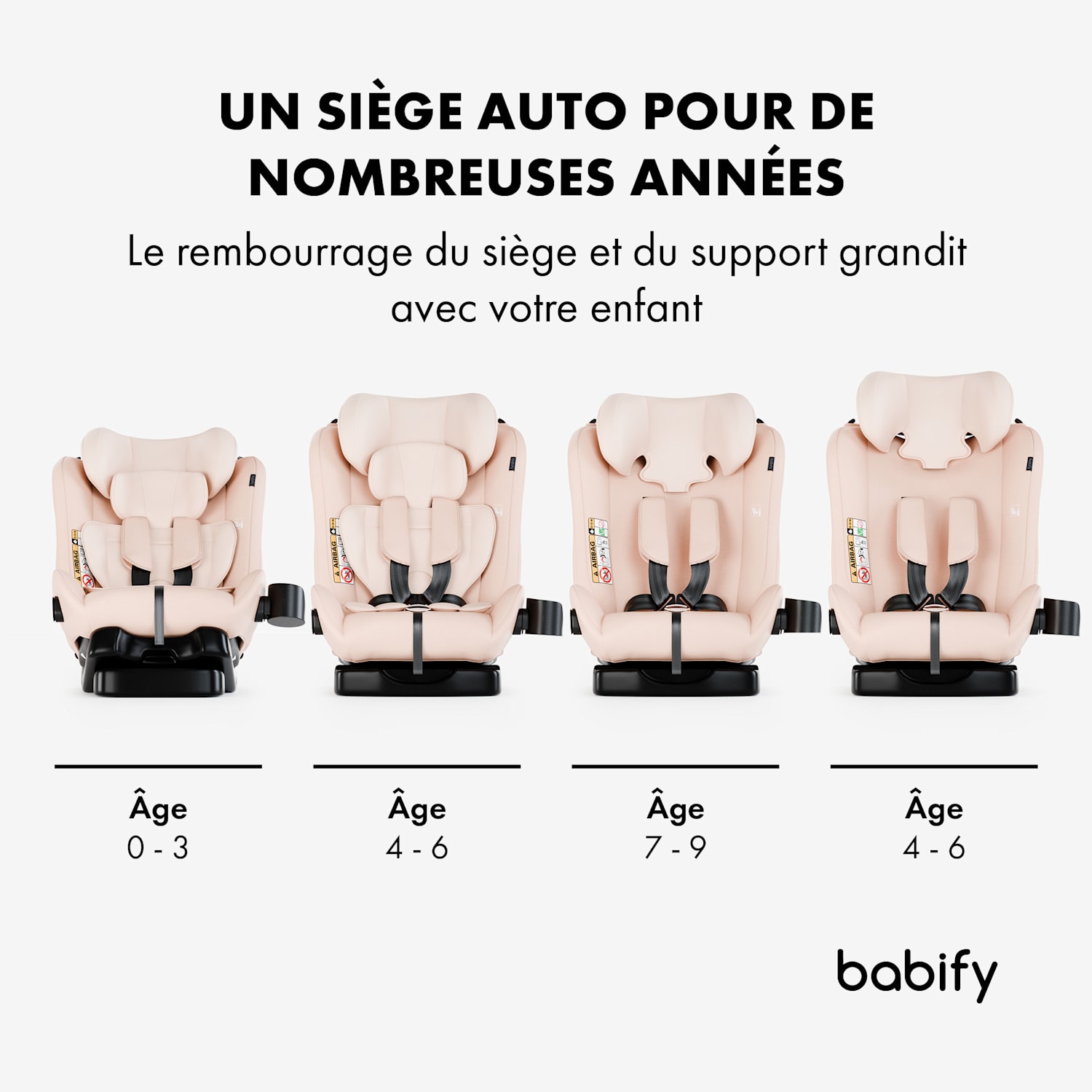 Siège auto 3 en 1 pour tailles de 40 à 150 cm certifié selon UN ECE R 129 dos à la route à trois angles d'inclinaison 