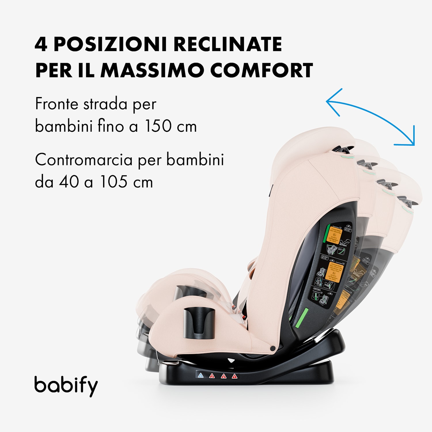 Seggiolino per auto 3 in 1, statura da 40 a 150 cm, certificato UN ECE R 129, reboarder con tre inclinazioni 