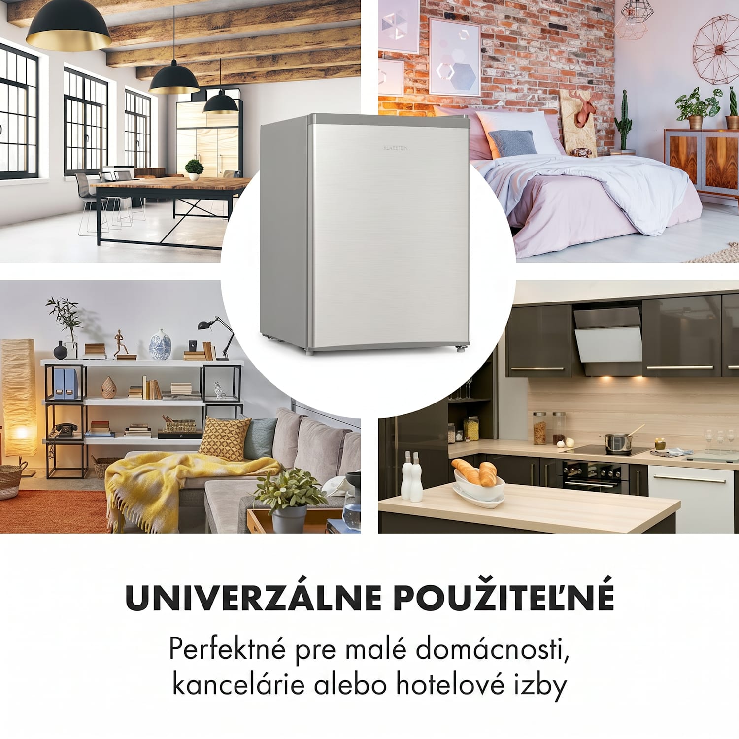 Cool Kid, mini chladnička, 66 l, mraziaci priečinok 4 l, 41 dB, energet. trieda F, brúsená nehrdzavejúca oceľ Strieborno-Sivá