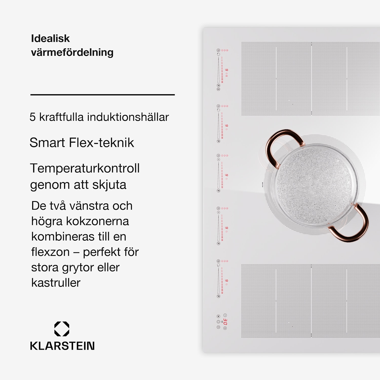 Masterzone 90 Flex induktionshäll, inbyggd, 5 kokzoner, 2 Flex-zoner, ThermoBoost, Smart Flex Technology, max. 12 600 watt 90 cm | 2 Flexzon | Vit