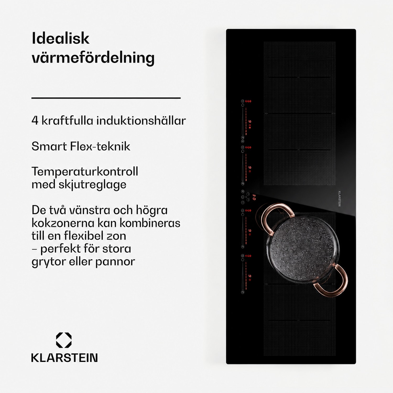 Masterzone 90 Slim Flex induktionshäll, infälld, 4 kokzoner, 2 Flex-zoner, ThermoBoost, Smart Flex-teknik, max. 7200 watt 90 cm Slim | 2 Flexzon | Svart