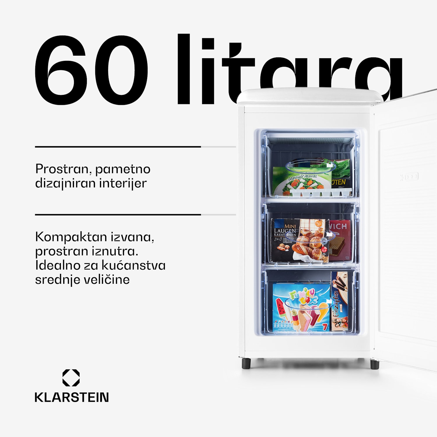 Laika 60L, zamrzivač, 60 l, 3 ladice, temperatura: -18 do 0 °C Bijela