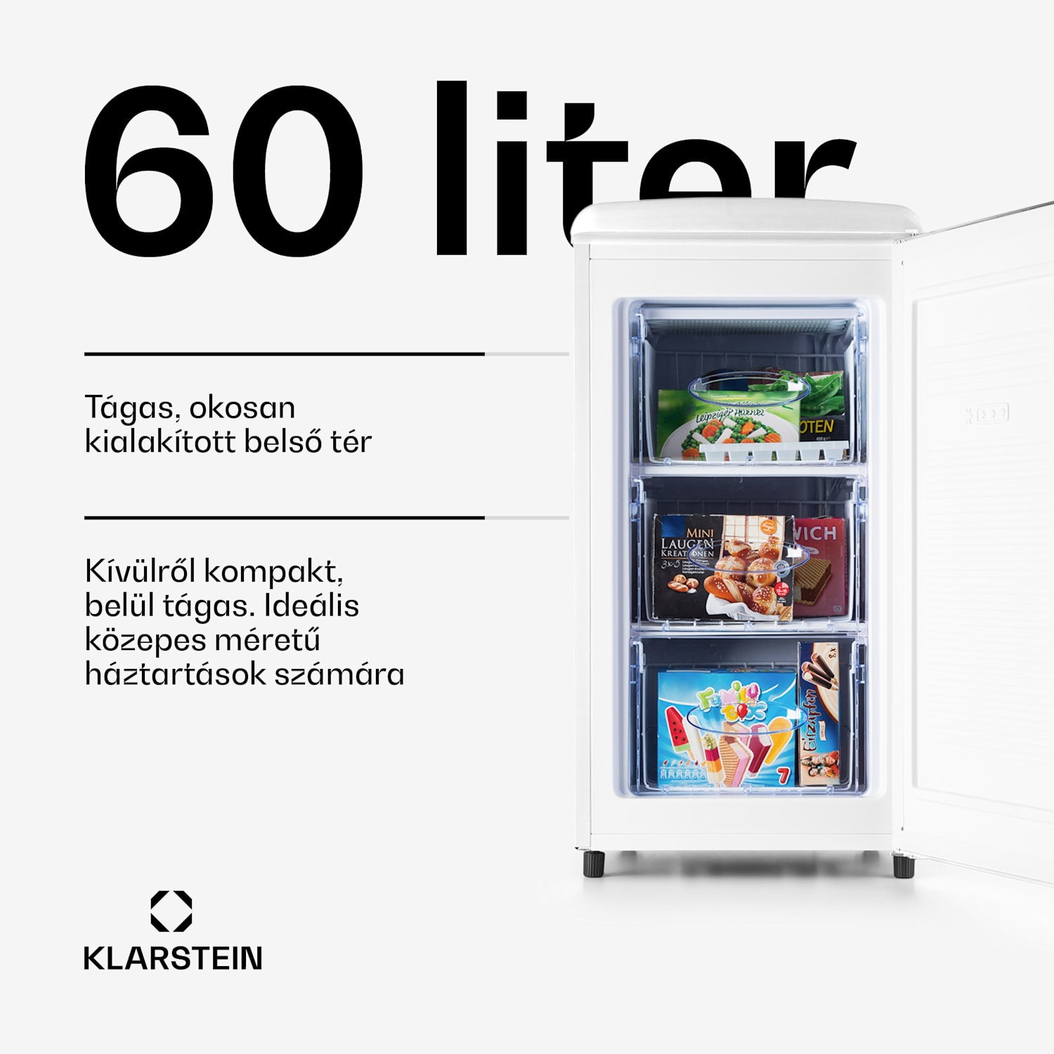 Laika 60L, fagyasztó, 60 l, 3 fiók, hőmérséklet: -18 és 0 °C között Fehér